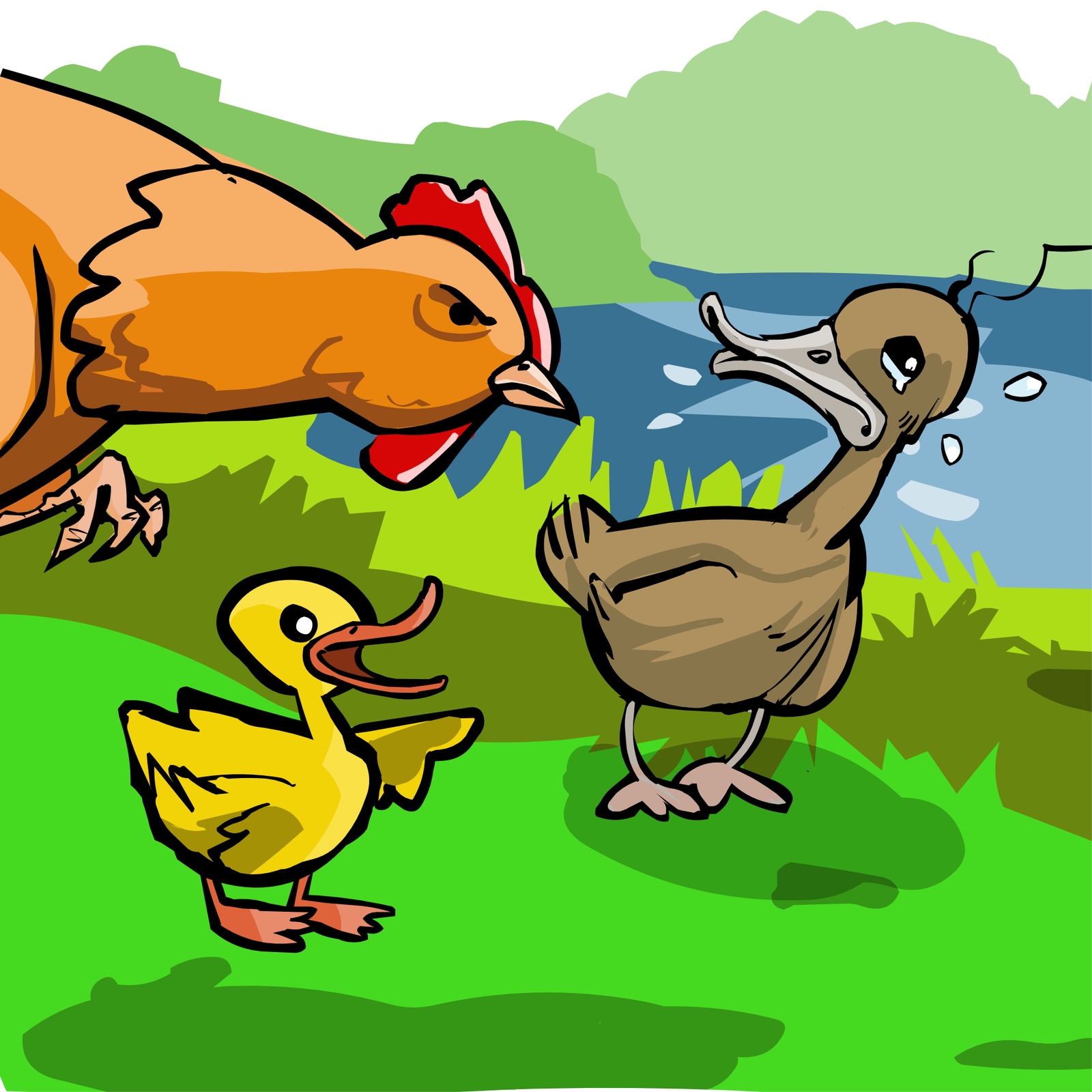 Kolorowy rysunek przedstawia scenę z podwórka. Na pierwszym planie stoją dwie małe kaczki, jedna jest mniejsza i żółta, druga, większa jest szaro‑brązowa. Większa kaczuszka płacze. Z lewej strony widać głowę kury, która ze złością zwraca się do większej kaczuszki.