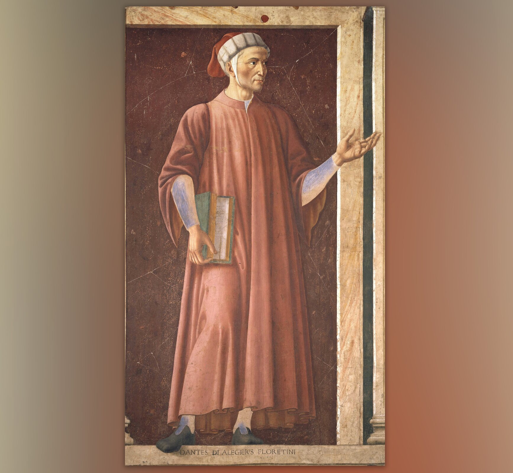 Obraz przedstawiający Dante Alighieri. Mężczyzna nosi długą czeroną szatę, a w dłoni trzyma księgę.