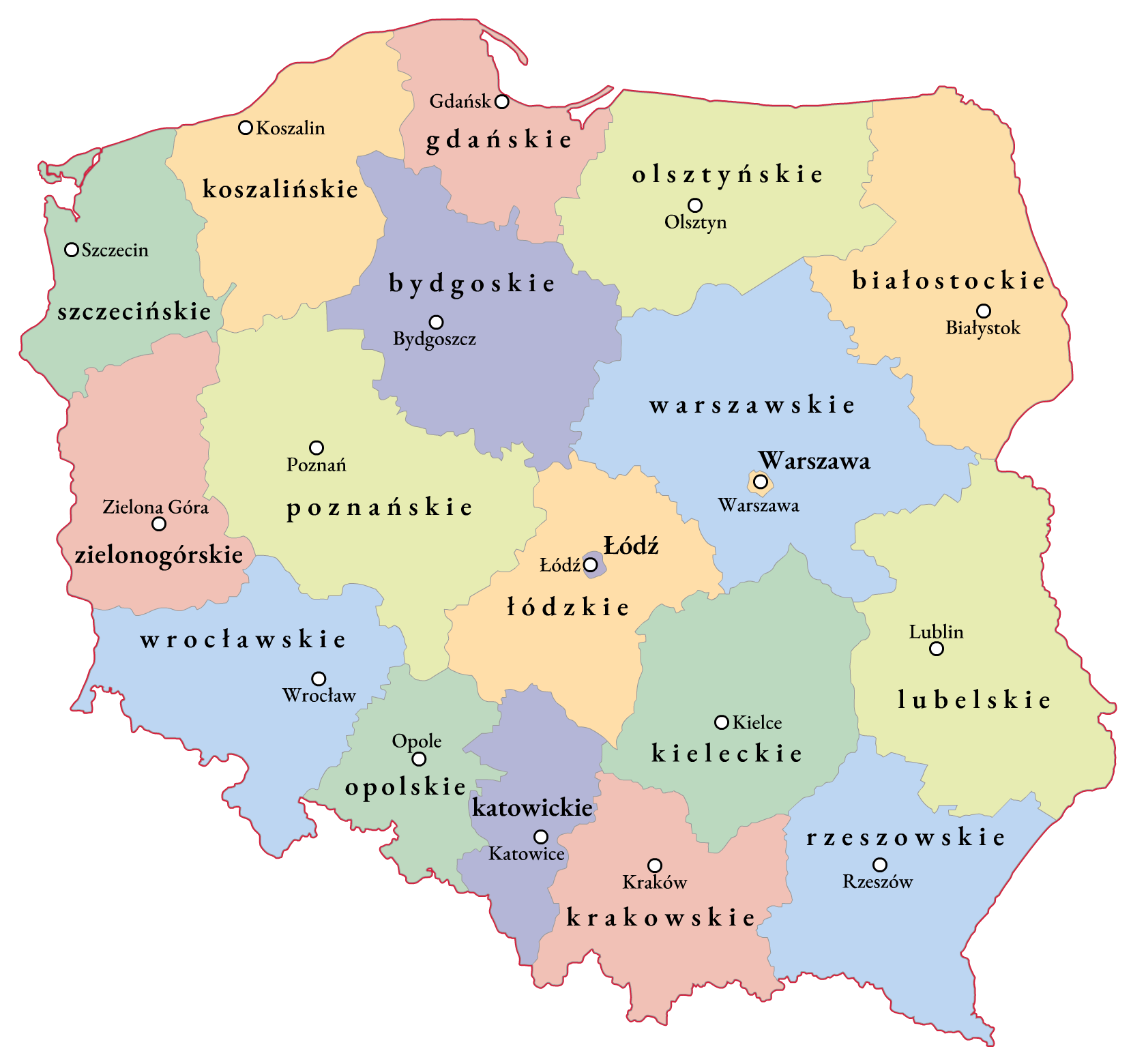 Kliknij aby powiększyć Ilustracja przedstawia mapę administracyjną Polski z podziałem na województwa: białostockie, bydgoskie, gdańskie, katowickie, kieleckie, koszalińskie, krakowskie, lubelskie, łódzkie, Łódź miasto, olsztyńskie, opolskie, poznańskie, rzeszowskie, szczecińskie, Warszawa miasto, warszawskie, wrocławskie, zielonogórskie