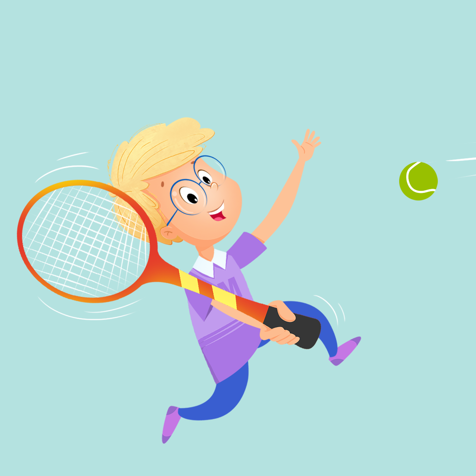Ilustracja przedstawia jasnowłosego chłopca w okularach i fioletowej koszulce, który trzyma w ręce rakietę tenisową i podrzuca piłkę.