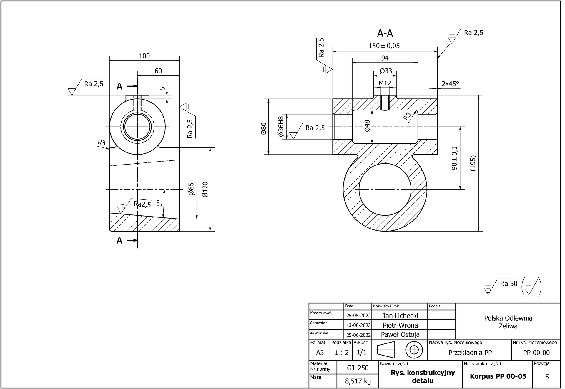 Przykładowy rysunek konstrukcyjny detalu. Na ilustracji przedstawiony jest przykładowy rysunek konstrukcyjny  pewnego detalu. Detal przedstawiony jest w dwóch widokach, widok  boczny oraz widok przedni. Po lewej stronie znajduje się widok z bocznej perspektywy, u którego na górze znajdują się  dwa okręgi, jeden w drugim. Pod okręgami znajduje się prostokąt. Po prawej stronie znajduje się detal widziany od przodu. Na górze detalu znajduje się prostokąt, który wewnątrz posiad drugi prostokąt. Wewnętrzny prostokąt oznacza otwór wewnątrz detalu. Ponad nimi znajdują się dwa okręgi, jeden w drugim. Dolny element ma kształt tulei. Na rysunkach znajdują się oznaczenia wymiarów, chropowatości oraz oznaczenia przekrojów. W prawym dolny rogu rysunku znajduje się tabelka z podstawowymi informacjami elementów konstrukcji detalu oraz informację na temat konstruktora, osoby sprawdzającej i zatwierdzającej.