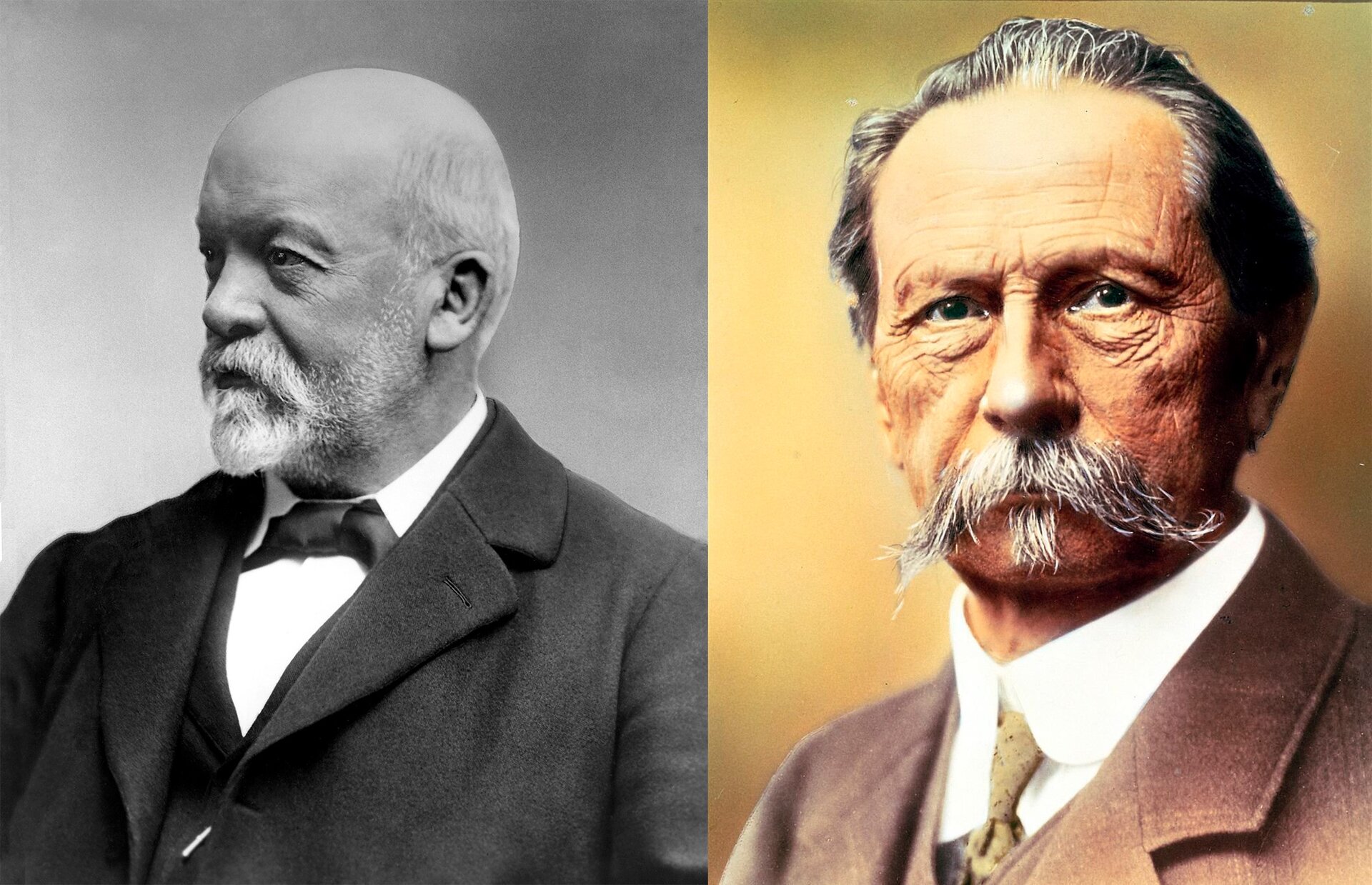 Po lewej stronie widoczna jest czarno‑biała fotografia łysiejącego mężczyzny w garniturze. Po prawej stronie widoczna jest kolorowa grafika starszego mężczyzny z gęstym zarostem i w garniturze.