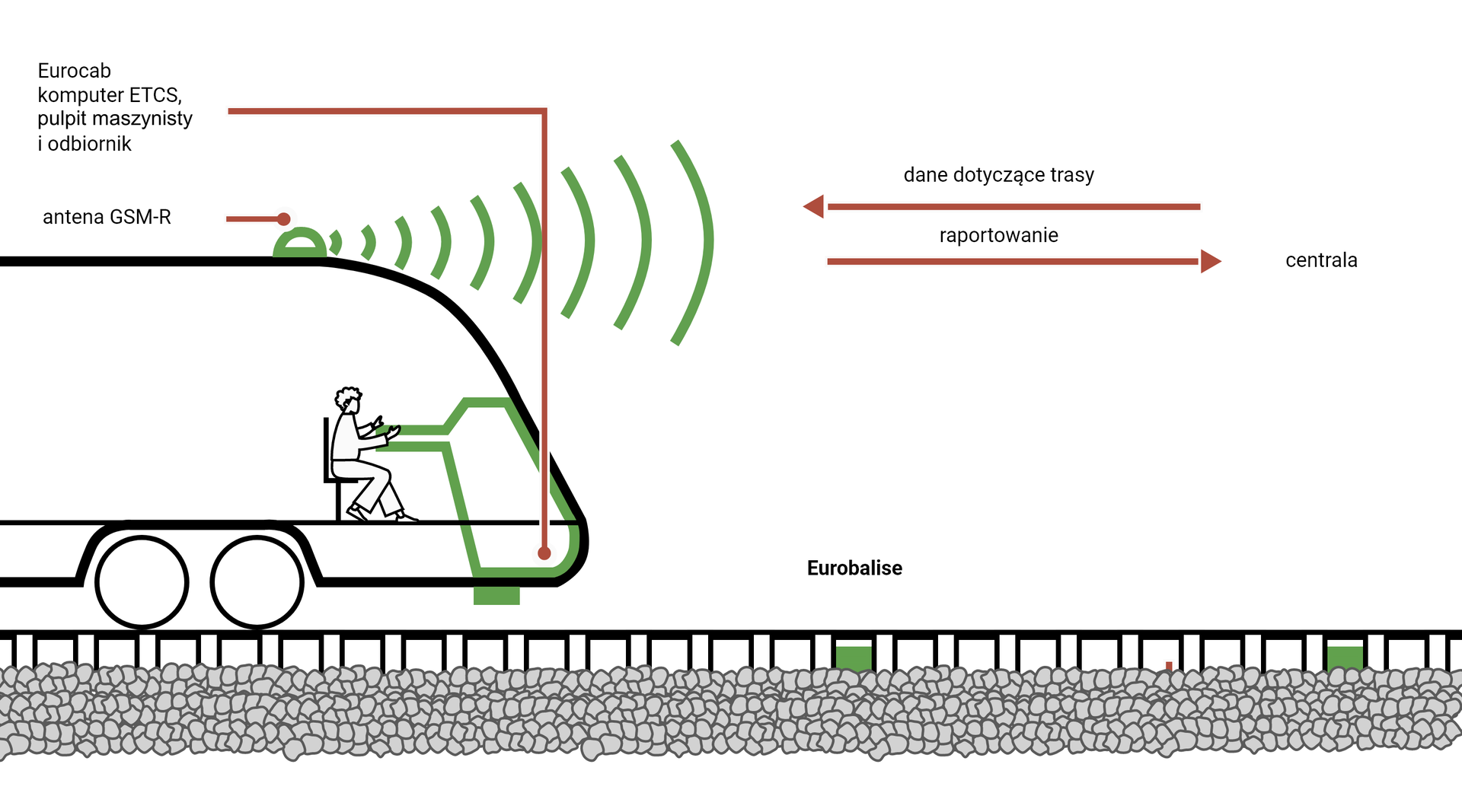 Grafika przedstawia poziom trzeci systemu E Te Ce eS . Na grafice znajduje się przekrój lokomotywy poruszającej się po torze. Na przodzie lokomotywy znajduje się pulpit zaznaczony na zielono, przy którym siedzi maszynista. Pulpit ten jest podpisany: Eurokabina, komputer E Te Ce eS, konsola kierowcy i odbiornik. Na dachu lokomotywy znajduje się symbol anteny w kolorze zielonym, jest on podpisany antena Gie eS eM myślnik R. Z anteny widoczna jest rozchodząca się w prawo fala dźwiękowa. Przed lokomotywą zaznaczono na zielono fragment toru, fragment ten podpisano Eurobalise. Dalej zaznaczono drugą eurobalisę. Nad nią znajduje się napis: centrala. Pomiędzy lokomotywą a napisem centrala znajdują się dwie strzałki. Pierwsza skierowana w lewo z podpisem dane dotyczące trasy i druga skierowana w prawo z podpisem raportowanie. 