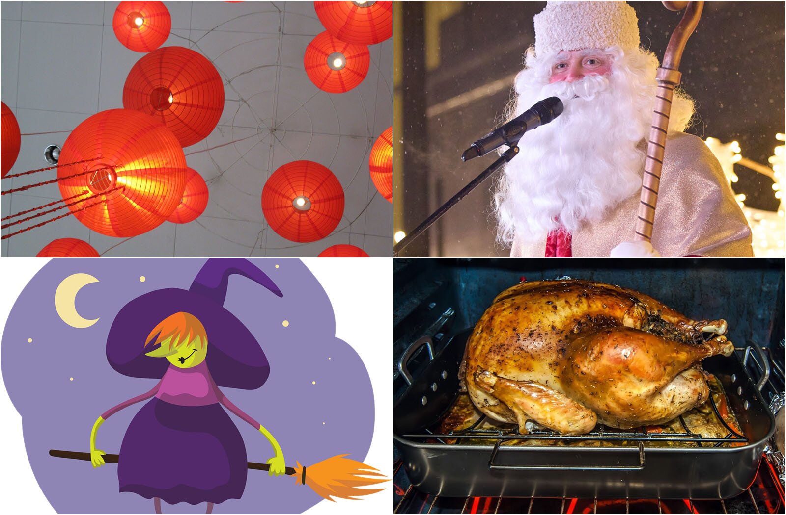 Ilustracja składa się z trzech zdjęć i jednej grafiki. W lewym górnym rogu widoczne jest zdjęcie przedstawiające czerwone, papierowe lampiony. Lampiony są zawieszone na sznureczkach i podwieszone na konstrukcji przypominającej pajęczynę. W prawym górnym rogu widoczne zdjęcie przedstawiające świętego Mikołaja. Widoczna jest postać mężczyzny od pasa w górę, z głową zwróconą lekko w prawo, z długimi, siwymi włosami oraz długą i siwą brodą i wąsami. Ubrany jest w złoty strój, a na głowie ma białą, futrzaną czapkę. W lewej ręce trzyma złoty pastorał. Przed nim stoi mikrofon. W lewym dolnym rogu widoczna jest grafika przedstawiająca uśmiechniętą czarownicę siedzącą na miotle, na tle fioletowego nieba z gwiazdami i księżycem. Czarownica ma pomarańczowe włosy i długi nos. Ubrana jest w fioletową spódnicę i jasnofioletową bluzkę. Na głowie ma wielki, fioletowy kapelusz. W prawym dolnym rogu widoczne jest zdjęcie przedstawiające rumianego indyka w brytfance w rozgrzanym piekarniku.