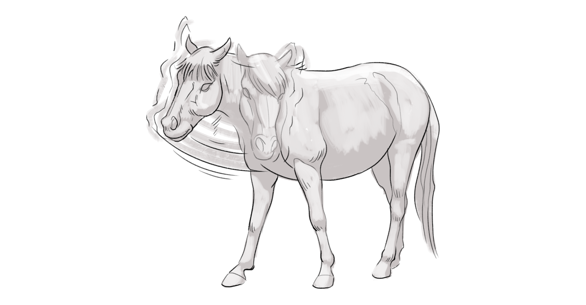 Na grafice znajduje się koń z rozstawionymi nogami, który potrząsa głową na boki.
