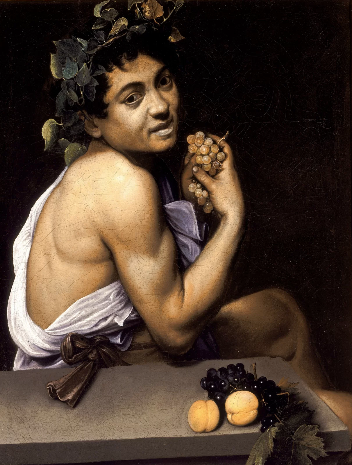 Ilustracja o kształcie pionowego prostokąta przedstawia obraz Michelangelo Merisiego „Chory Bachus”. Na obrazie został przedstawiony Bachus siedzący przy stole. Mężczyzna w dłoniach trzyma kiść winogron. Na stole leżą inne leżące owoce, w tym morele. Bohater jest skąpo ubrany w białe szaty. Na głowie ma wieniec z liści bluszczu.