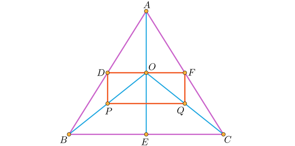 Rysunek przedstawia trójkąt A, B, C. Oznaczono punkt O w połowie wysokości trójkąta. Utworzono odcinki BO, CO. Wpisano prostokąt F, D, P, Q gdzie pierwsze dwa punkty są umieszczone w środkach boków trójkąta A, B, C. Punkty P i Q  leżą odpowiednio w środkach odcinków BO i CO.  