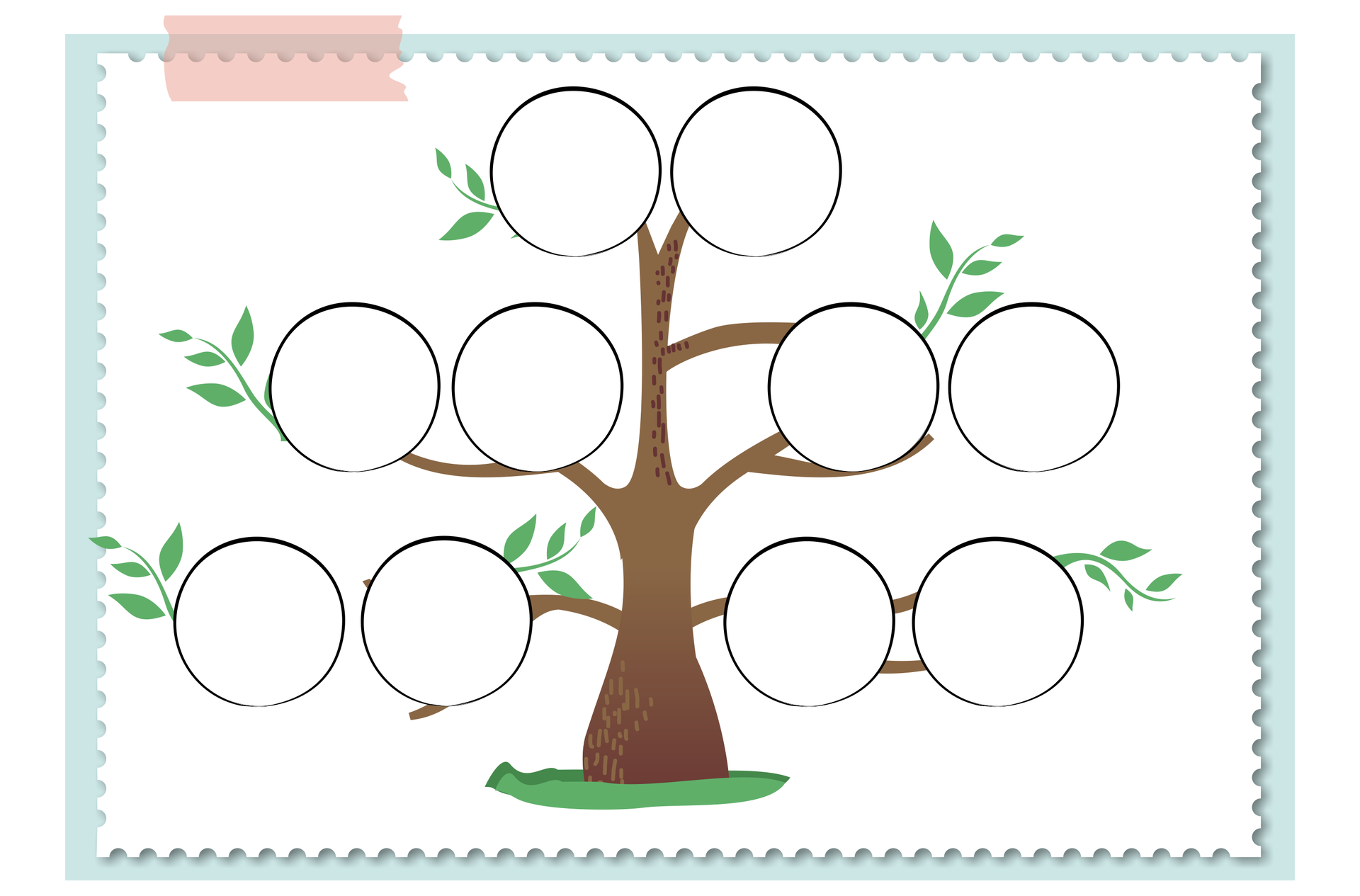 Grafika przedstawia drzewo genealogiczne. Na szczycie drzewa na gałęziach znajdują się dwa kółka z miejscem do wpisania członków rodziny. Poniżej znajdują się cztery kółka i na samym dole drzewa na gałęziach również cztery kółka.
