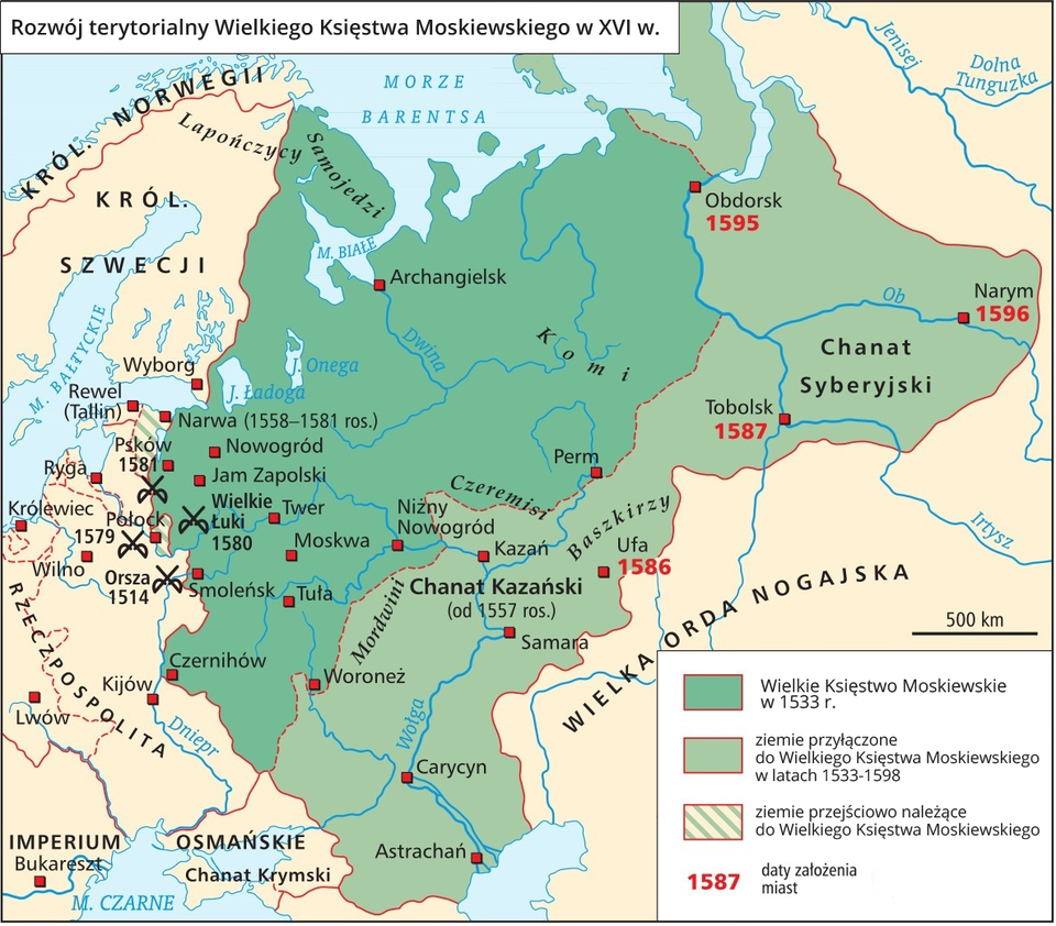 Mapa przedstawia rozwój terytorialny Wielkiego Księstwa Moskiewskiego w szesnastym wieku.  W 1533 roku kontrolowała centralną Ruś, północną Ukrainę, i sięgała aż po Ural, miała dostęp do morza Białego, Barentsa i zatoki fińskiej. Częściowo przejęli kontrolę nad Inflantami.  Od 1533 do 1598 roku przejęli Chanat Syberyjski i Kazański oraz uzyskali dostęp do Morza Kaspijskiego. Przejęli takie miasta jak Kazań, Samara, Carycyn, Astrachań.  W 1586 roku Rosjanie założyli miasto Ufa, w 1587 Tobolsk, w 1596 Narym i w 1595 Obdorsk. 