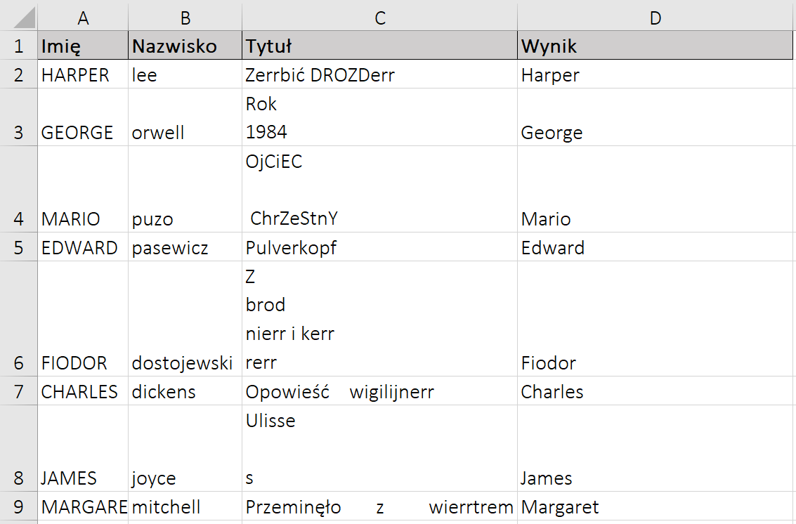 Ilustracja przedstawia fragment arkusza kalkulacyjnego. Ukazane są kolumny od A do D oraz wiersze od 1 do 9. Kolumna A została zatytułowana imię. Kolumna B została zatytułowana nazwisko. Kolumna C została to tytuł. Kolumna D została zatytułowana wynik. W wierszach od 2 do 9 znajdują się następujące dane. W komórce A2, Harper, napisano dużymi literami. W komórce B2, Lee, napisano małymi literami. W komórce C2. Zerrbić Drozderr, pierwsze słowo od dużej litery, w drugim drozd napisano dużymi literami, err napisano małymi literami. W komórce D2, Harper, napisano od dużej litery. W komórce A3, George, napisano dużymi literami. W komórce B3, Orwell, napisano małymi literami. W komórce C3, Rok 1984, słowo napisano od dużej litery, napis podzielono na dwa wersy, w pierwszym wersie Rok, w drugim wersie 1984. W komórce D3 George, napisano od dużej litery. W komórce A4, Mario napisano dużymi literami. W komórce B4, Puzo, napisano małymi literami. W komórce C3, Ojciec Chrzestny, w pierwszym słowie O napisano dużą literą, oj małymi literami, Ce napisano dużą literą, i małą literą, ec napisano dużymi literami. W drugim słowie Ce napisano dużą literą, ha er małymi literami, Zet dużą literą, e napisano małą literą, es napisano dużą literą, te en napisano małymi literami, igrek napisano dużą literą, napis podzielono na trzy wersy, w pierwszym wersie Ojciec, drugi wers jest pusty, chrzestny w trzecim wersie, słowo poprzedzone spacją. W komórce D4, Mario napisano od dużej litery. W komórce A5, Edward, napisano dużymi literami. W komórce B5, pasewicz, napisano małymi literami. W komórce C5, Pulverkopf, napisano od dużej litery. W komórce D5, Edward, napisano od dużej litery. W komórce A6, Fiodor, napisano dużymi literami. W komórce B6, dostojewski, napisano małymi literami. W komórce C6, Z brod nierr i kerr rerr, napisane od dużej litery. Napis podzielono na 4 wersy. W pierwszym wersie, Zet. W drugimm brod. W trzecim, nierr i kerr. W czwartym wierszu, rerr, W komórce D6, Fiodor, napisano od dużej litery. W komórce A7, Charles, napisano dużymi literami. W komórce B7, dickens, napisano małymi literami. W komórce C7, Opowieść wigilijnerr, napisano od dużej litery. W komórce D7, Charles, napisano od dużej litery. W komórce A8, James, napisano dużymi literami. W komórce B8, Joyce, napisano małymi literami. W komórce C8, Ulisses, napisano od dużej litery. Napis podzielono na trzy wersy. W pierwszym, Ulisse. Drugi wers jest pusty. W trzecim wersie, es. W komórce D8, James, napisano od dużej litery. A9, Margaret, napisano dużymi literami. W komórce B9, mitchell, napisano małymi literami. W komórce C9, Przeminęło z wierrtrem, napisano od dużej litery. W komórce D9, Margaret, napisano od dużej litery.