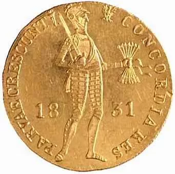 Na ilustracji złota moneta. W centrum widoczny żołnierz. W prawej ręce trzyma sztylet, w lewej jakby bukiet kłosów.  Widoczna data 1831, wokół monety napisy łacińskie.