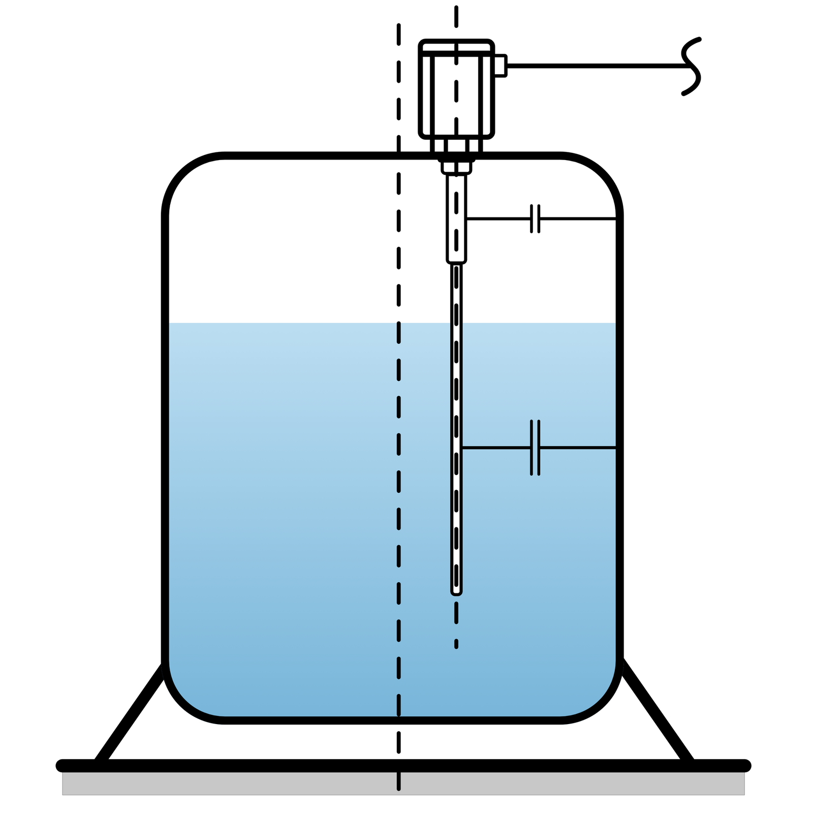 Na zdjęciu przedstawiono pojemnik z zamontowaną sondą pojemnościowa. Sonda jest to urządzenie do ciągłego, bezkontaktowego pomiaru poziomu cieczy.Na zdjęciu po lewej stronie widoczny jest zbiornik o kształcie przekroju prostokąta. Zbiornik jest w trzech czwartych wypełniony cieczą. W prawej części zbiornika widoczna jest sonda pojemnościowa. Część sondy nazywana głowicą wystaje powyżej krawędzi zbiornika. Głowica jest o kształcie pionowego prostokąta. Do prawej krawędzi prostokąta dochodzi kabel. Od dolnej krawędzi prostokąta odchodzi cienki pionowy kształt który stanowi elektrodę prętową lub kablową. Elektroda jest zanurzona w cieczy. Do górnej części elektrody znajdującej się powyżej poziomu cieczy oraz dolnej części elektrody zanurzonej cieczy odchodzi do prawej krawędzi zbiornika prosta podzielona na pół. W miejscu podziału znajdują się dwie równoległe względem siebie a prostopadłe względem prostej dwa krótkie odcinki. elementy te wskazują że jest to obwód elektryczny. 