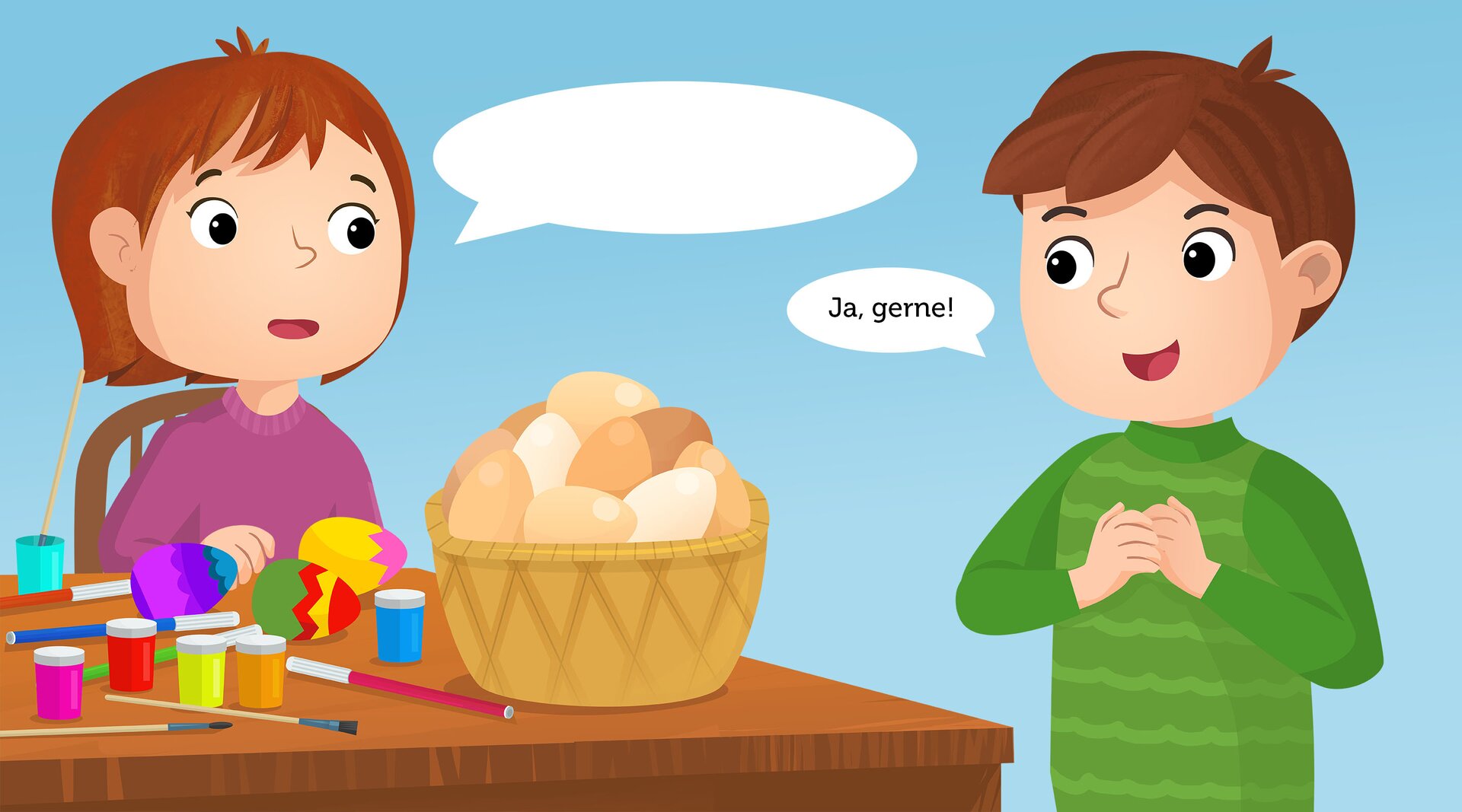 Ilustracja przedstawia chłopca, odpowiadającego „Ja, gerne” i dziewczynkę, która stoi przy stole zasypanym przyborami do malowania. Obok stoi koszyk pełen jajek, które czekają na ozdobienie.