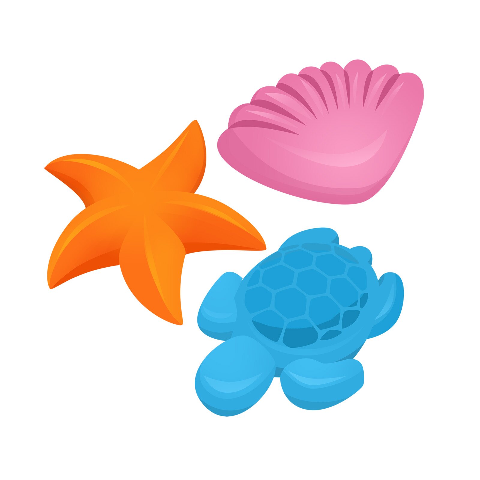 Ilustracja przedstawia różnokolorowe foremki do piasku. 