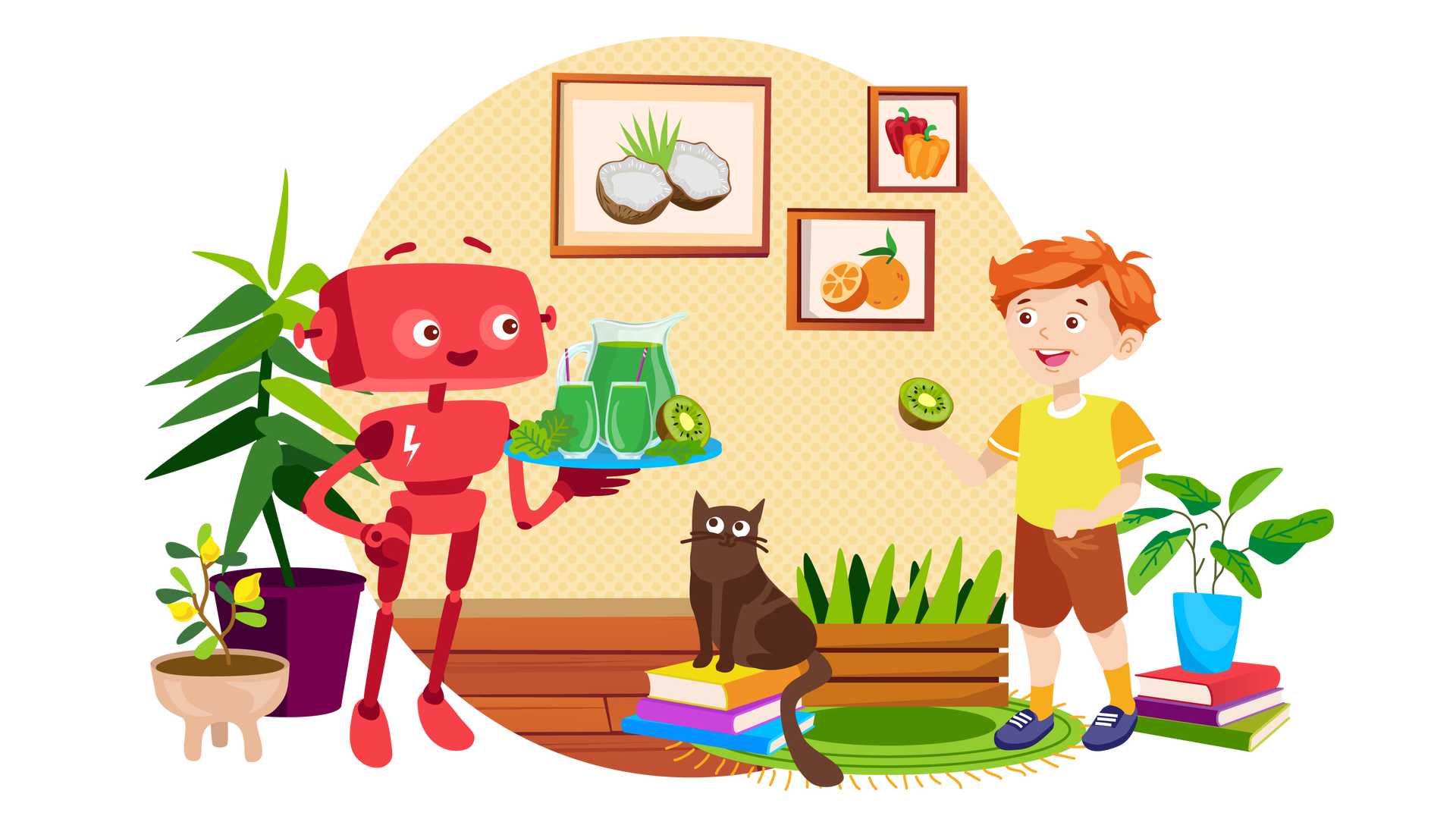 Ilustracja przedstawia pomieszczenie w domu Franka i Mai. W tle widać beżową ścianę w kropki, na której wiszą trzy obrazki w brązowych ramkach. Pierwszy obrazek przedstawia dwie połowy kokosa i zielone listki pomiędzy nimi. Drugi obrazek przedstawia pomarańczę z dwoma zielonymi listkami i opartą o nią połowę drugiej pomarańczy. Trzeci obrazek przedstawia dwie papryki, czerwoną i pomarańczową. Po lewej stronie pomieszczenia, na drewnianej podłodze, stoi niewielkie drzewko cytrynowe w beżowej donicy. Obok niego widać dużą zieloną roślinę w ciemnofioletowej donicy. Dalej na prawo stoi uśmiechnięty Zgrzytek. W lewej ręce trzyma okrągłą niebieską tacę. Na tacy znajdują się: trzy liście sałaty, dwie szklanki zielonego soku ze słomkami, dzbanek zielonego soku i połowa kiwi. Po prawej stronie, na podłodze, są trzy książki ułożone jedna na drugiej. Pierwsza ma czerwoną okładkę, druga fioletową, a trzecia zieloną. Na książkach ustawiono zieloną roślinę w niebieskiej donicy. Na lewo od książek leży okrągły jasnozielony dywan z pomarańczowymi frędzlami. Na dywanie stoi zielona roślina w brązowej skrzynce. Na środku pomieszczenia są kolejne trzy książki ułożone jedna na drugiej. Pierwsza ma żółtą okładkę, druga fioletową, a trzecia niebieską. Na książkach siedzi ciemnobrązowy kot, który spogląda na zawartość tacy trzymanej przez Zgrzytka. Na prawo od kota stoi Franek. Jest ubrany w żółtą koszulkę z krótkimi pomarańczowymi rękawami, krótkie brązowe spodnie, pomarańczowe skarpety i granatowe buty z białymi sznurówkami. W prawej dłoni trzyma połowę kiwi. Chłopiec uśmiecha się i patrzy na Zgrzytka, który odwzajemnia spojrzenie.