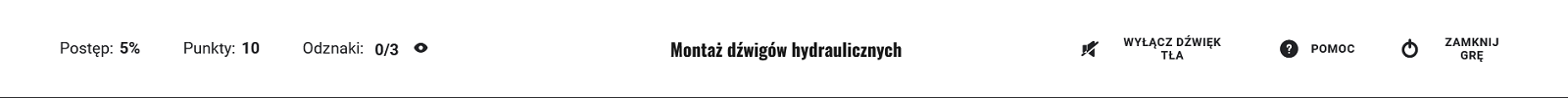 Widok opcji gry oraz jej tytułu. Od lewej znajdują się opcje: postęp, punkty, odznaki, pomoc oraz zakończ grę.