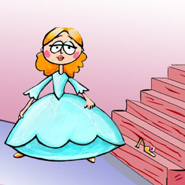 Kolorowy rysunek przedstawia śliczną dziewczynę w balowej sukience, która stoi przy schodach, na których leży złoty pantofelek.