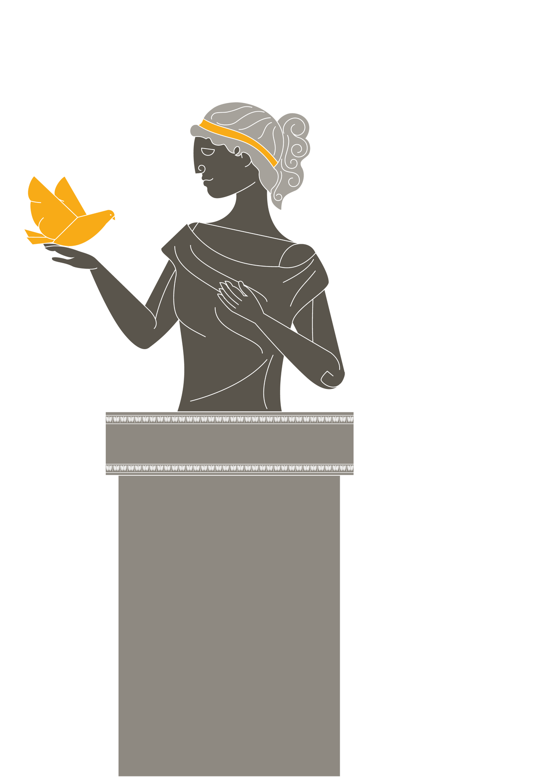 Popiersie bogini na cokole. Afrodyta ma spięte włosy i złotą opaskę. Jest ubrana w luźną tunikę, ma na ręku złotego gołębia. 