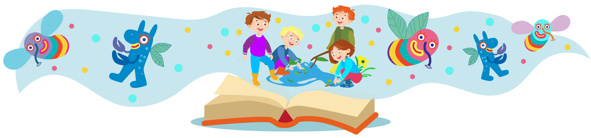 Ilustracja przedstawia otwartą książkę w pomarańczowej okładce. Nad książką unoszą się cztery postacie na jasnoszarym tle. Są to dzieci bawiące się w kałuży. Po lewej stronie stoi brązowowłosy chłopiec. Jest ubrany w fioletową bluzę z długimi rękawami, długie niebieskie spodnie i pomarańczowe kalosze. Obok niego kuca blondwłosy chłopiec. Jest ubrany w granatową bluzę z długimi szaroniebieskimi rękawami, długie fioletowe spodnie i ciemnopomarańczowe kalosze. Po prawej stronie kuca Maja. Jest ubrana w niebieską bluzę z długimi błękitnymi rękawami, długie ciemnoróżowe spodnie i granatowe kalosze. W lewej dłoni trzyma krótki patyk. Za Mają stoi Franek. Widać jego ciemnozieloną bluzę z kapturem i długimi rękawami oraz żółte kalosze. W prawej ręce trzyma długi patyk. Wszystkie dzieci się uśmiechają. Dookoła nich unoszą się kolorowe kropki i wielokolorowe bajkowe stworki ze skrzydłami.