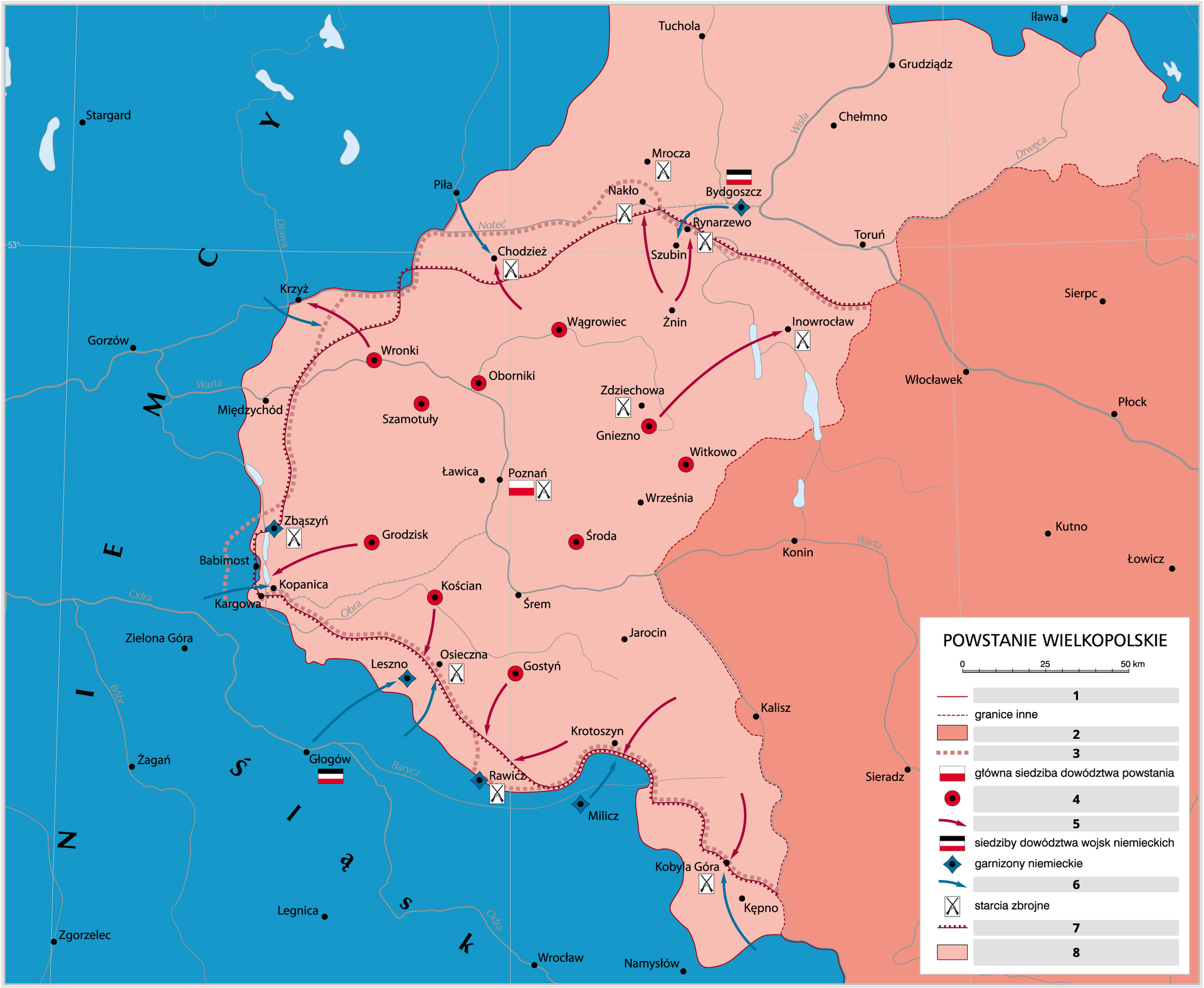 Grafika mapy przedstawiającej Powstanie wielkopolskie.
