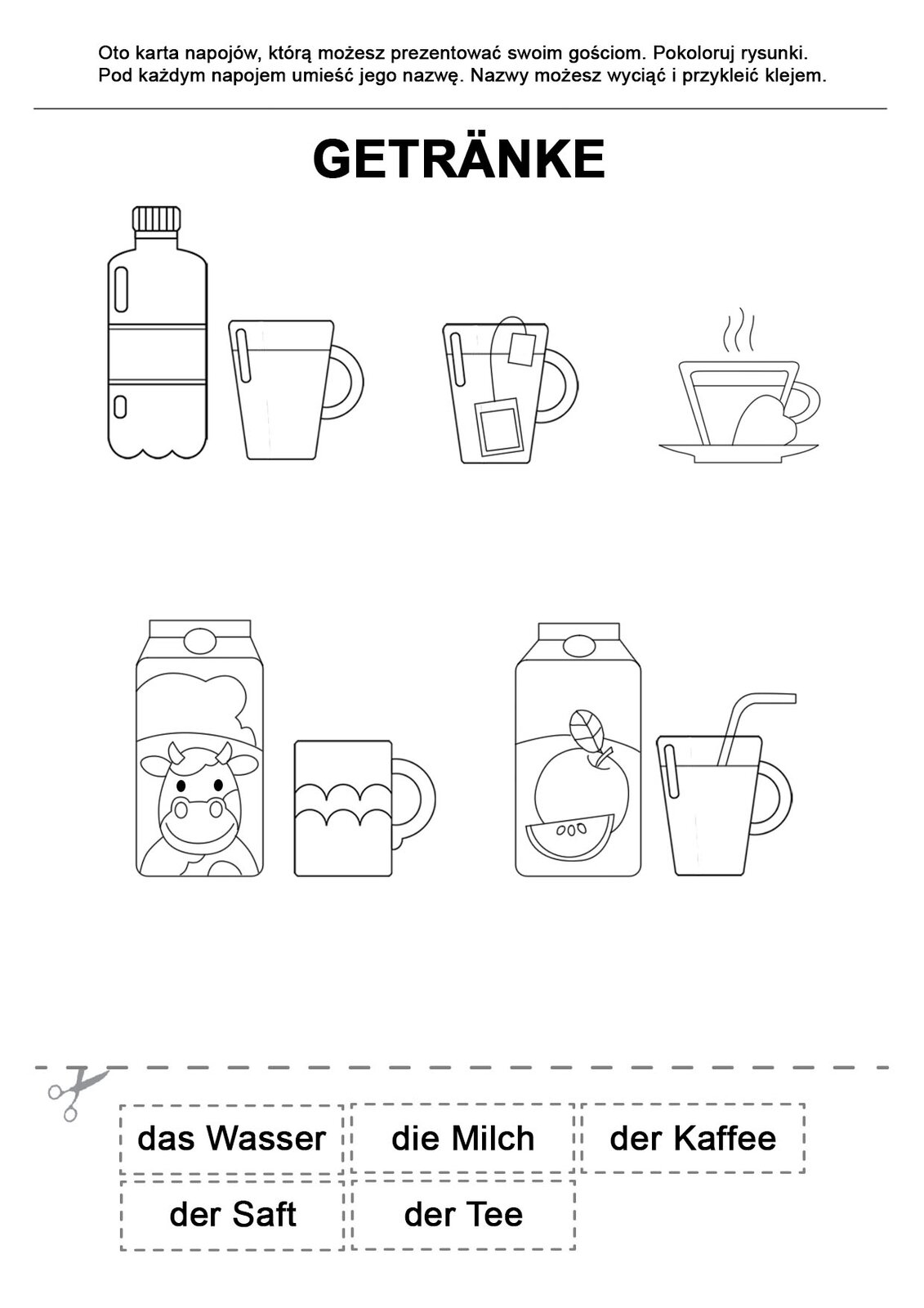 Ilustracja przedstawia kontury do kolorowania, obejmujące butelkę mleka, szklankę z herbatą, filiżankę kawy, karton mleka, kubek kartonowy z sokiem oraz szklankę z rurką.