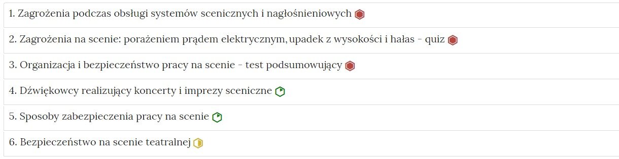 Grafika przedstawia widok interaktywnego materiału sprawdzającego, czyli zbioru poszczególnych zadań w formie listy z nazwami zadań, gdzie po kliknięciu w nazwę zadania pojawi się jego zawartość. Na liście, na prawo od nazwy każdego zadania widnieje ikonka informująca o poziomie trudności danego zadania.