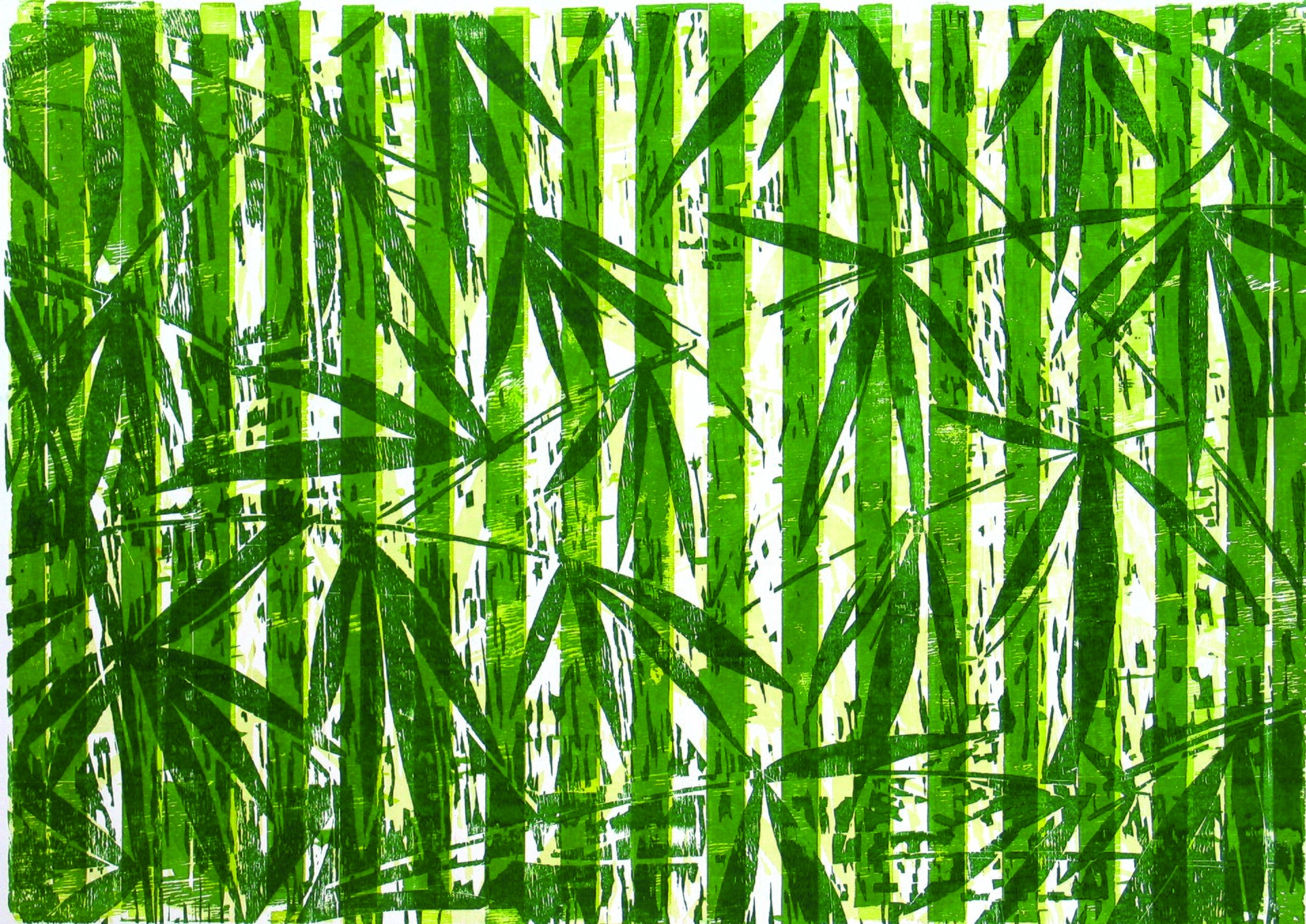 Ilustracja przedstawia obraz „Myitkyina” autorstwa Michała Rygielskiego. Praca łączy w sobie abstrakcję z malarstwem figuratywnym. Wykonana w zielono-żółtej tonacji na białym tle kompozycja składa się z pionowych, jasno-zielonych pasów o płaskim kolorze, gdzieniegdzie poprzecieranych białymi i zielono-żółtymi kreskami, na które autor nałożył motywy ciemno-zielonych roślin o długich liściach i wąskich łodygach. Praca przywodzi na myśl rozświetlony słońcem las tropikalny. Monochromatyczny obraz utrzymany jest w wąskiej, ciepłej gamie zieleni.