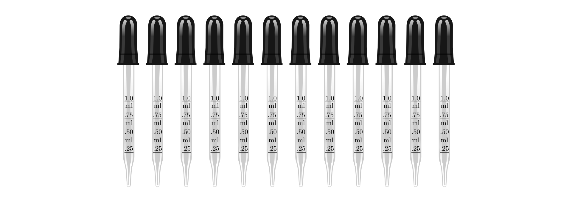 Na ilustracji przedstawiono kolejno 12 kroplomierzy o pojemności stu mililitrów.