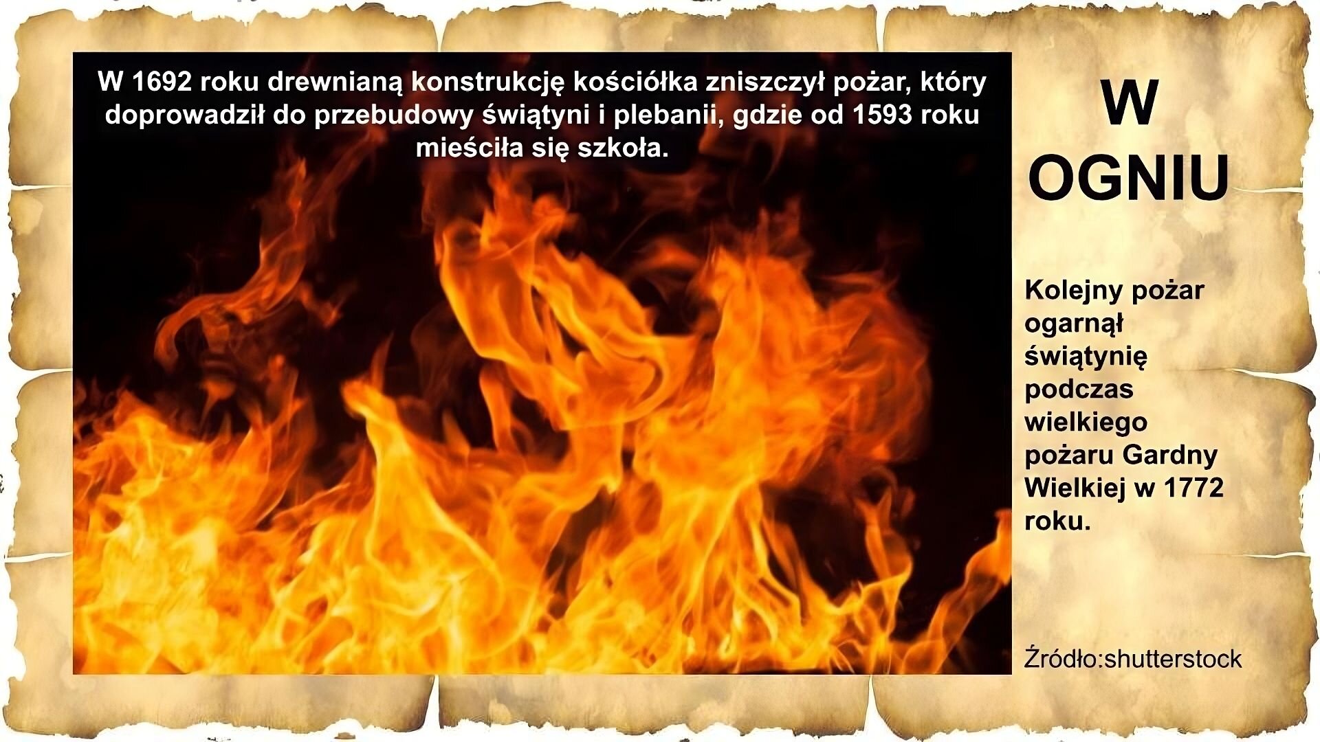 Slajd zawiera napis tytułowy, umieszczony po prawej stornie: W ogniu. Poniżej napis: Kolejny pożar ogarnął świątynię podczas wielkiego pożaru Gardny Wielkiej w 1772 roku. Ilustracja na slajdzie przedstawia płomień wraz z napisem: W 1692 roku drewnianą konstrukcję kościółka zniszczył pożar, który doprowadził do przebudowy świątyni i plebani, gdzie od 1593 roku mieściła się szkoła.