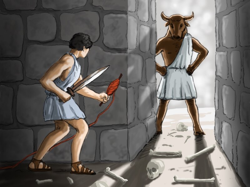 Ilustracja przedstawia spotkanie Minotaura z Tezeuszem. Heros trzyma w jednej ręce czerwoną nić nawiniętą na patyk, w drugiej miecz. Stoi przy ścianie, za jej rogiem, w przejściu między dwoma kolejnymi ścianami, stoi postać o ludzkim ciele i głowie byka; ręce ma założone na biodra. Obaj noszą białe tuniki. Na ziemi leżą ludzkie kości. 