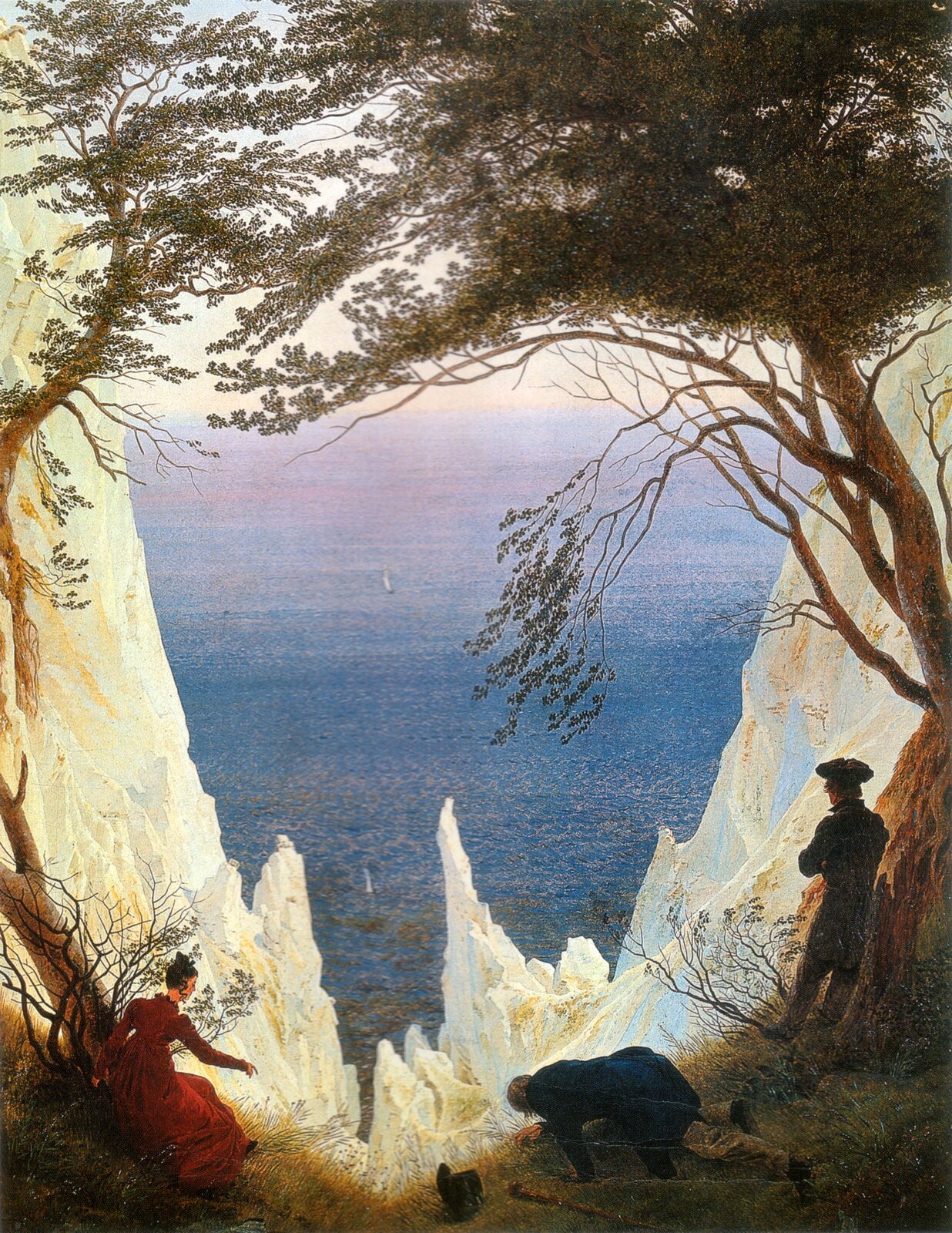 Obraz przedstawia pejzaż górski. Na pierwszym planie znajduje się wąska przestrzeń okolona stromymi skałami. Stromo wznoszące się skały umożliwiają spojrzenie w głęboki jar i morską dal. Po lewej stronie obrazu znajduje się kobieta w długiej, czerwonej sukni chwytająca gałęzie krzewu, aby uchronić się przed upadkiem w przepaść. Klęczący pośrodku stary mężczyzna spogląda ze skraju urwiska w przepaść. Po prawej stronie stoi młody mężczyzna w kapeluszu rozmyśla i patrzy w przestrzeń.