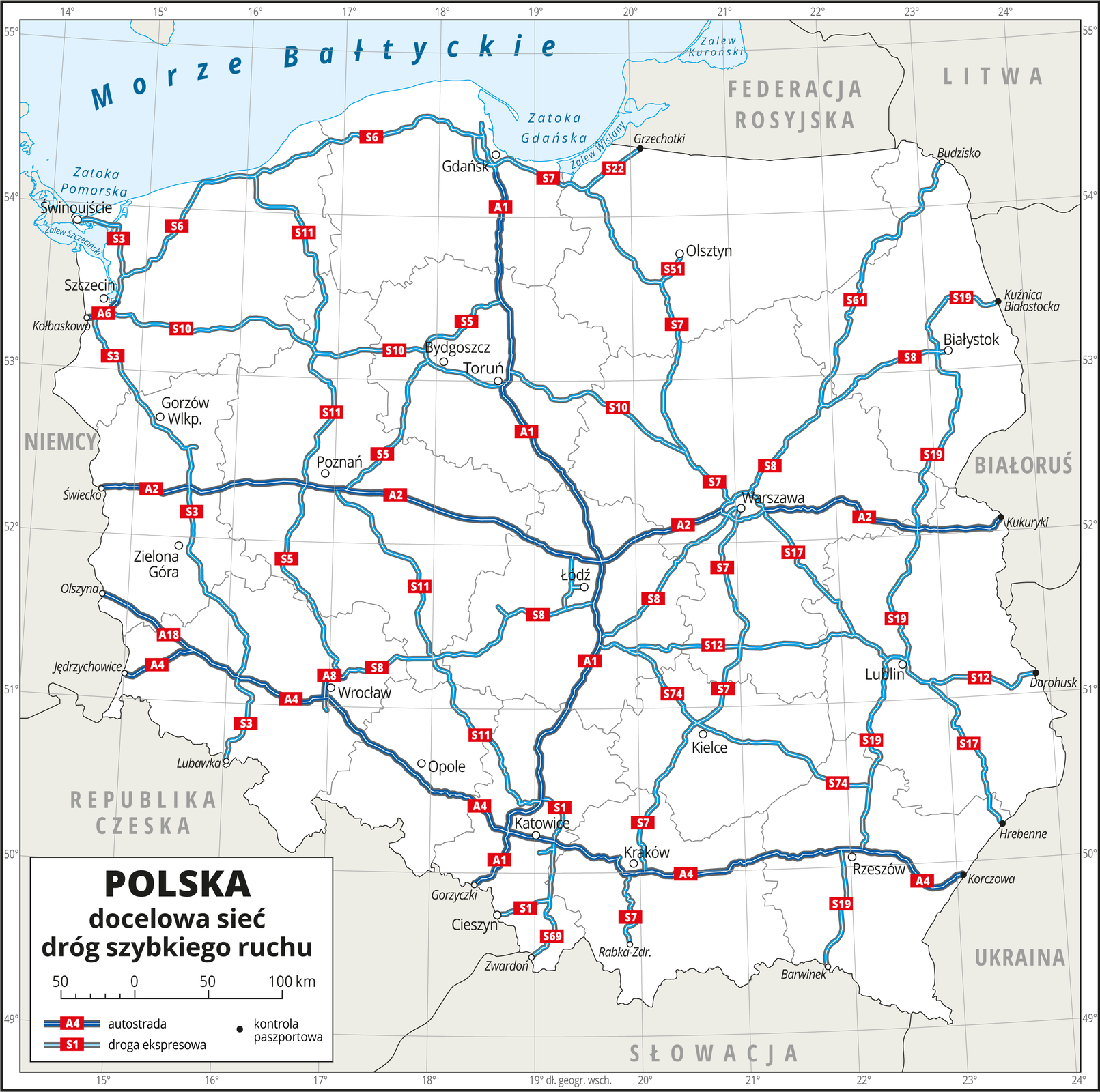 Ilustracja przedstawia mapę Polski z podziałem na województwa i obrazuje docelową sieć dróg szybkiego ruchu. Tło mapy jest w kolorze białym. Granice województw zaznaczone są szarą linią. Białymi kropkami zaznaczono miasta wojewódzkie. Czarnymi kropkami oznaczono kontrole paszportowe na wschodniej granicy Polski z Białorusią i Ukrainą. Autostrady oznaczono ciemnoniebieskimi liniami. Na mapie zobrazowano trzy autostrady: pierwsza z północy na południe na trasie Gdańsk–Katowice i dalej do granicy Polski z Czechami , druga z zachodu na wschód w centralnej części Polski ze Świecka przez Poznań, Łódź i Warszawę do Kukuryków na granicy z Białorusią, trzecia z zachodu na wschód na południu Polski – z Olszyny i Jędrzychowic przez Katowice, Kraków i Rzeszów do Korczowej na granicy z Ukrainą. Drogi ekspresowe oznaczono kolorem jasnoniebieskimi. Ich sieć łączy głównie miasta wojewódzkie. Są rozmieszczone równomiernie, najrzadsza sieć tych dróg jest na północnym-wschodzie na Pomorzu Mazurskim. Na autostradach i drogach ekspresowych umieszczono czerwone tabliczki z numerami dróg. Mapa pokryta jest równoleżnikami i południkami. Dookoła mapy w białej ramce opisano współrzędne geograficzne co jeden stopień. W legendzie opisano znaki użyte na mapie.