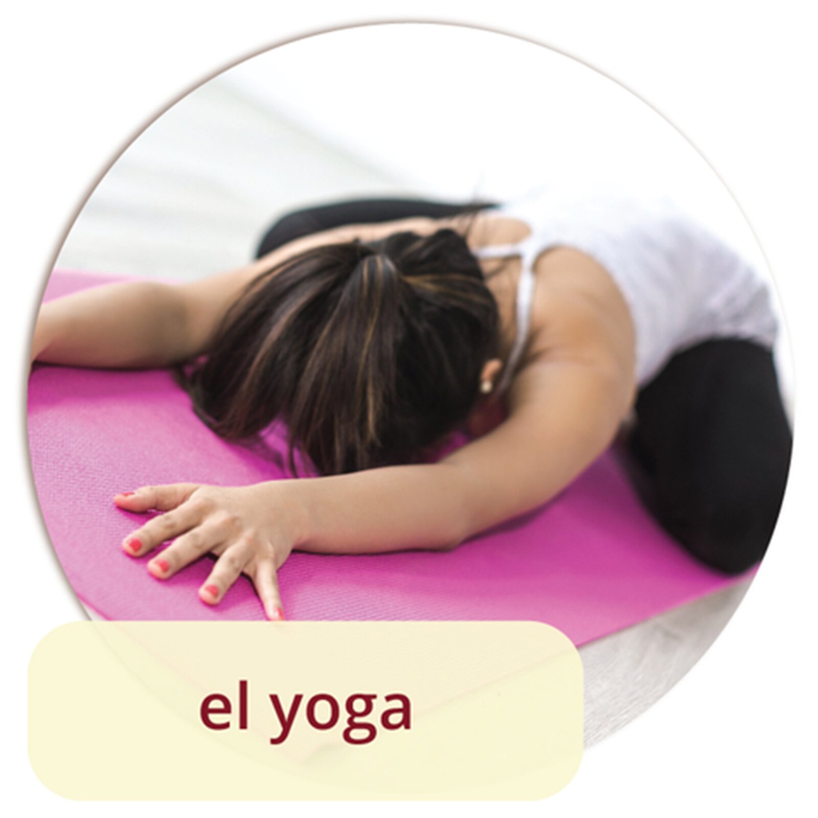 Na grafice widoczna jest kobieta ćwicząca jogę na macie. Pod zdjęciem znajduje się napis el yoga.