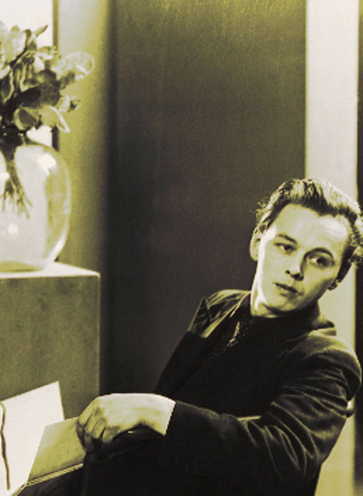 Czarno‑biała fotografia przedstawia Victora Vasarely w młodości. Zdjęcie wykonano około 1930 roku. Ukazuje młodego mężczyznę ubranego w ciemny garnitur. Włosy ma ciemne zaczesane do tyłu. Siedzi na krześle, ramię lewej ręki ma przewieszone przez oparcie krzesła. W dłoniach trzyma otwartą książkę. W tle znajduje się mebel z dużym przezroczystym wazonem z kwiatami.