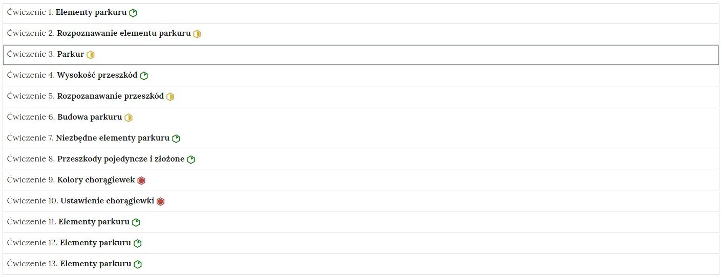 Zrzut ekranu przedstawia widok ogólny harmonii z interaktywnymi materiałami sprawdzającymi. Zawiera trzynaście ćwiczeń, które ułożone są pod jedno po drugim. Każde ćwiczenie ma tytuł oraz ikonę określającą poziom trudności.