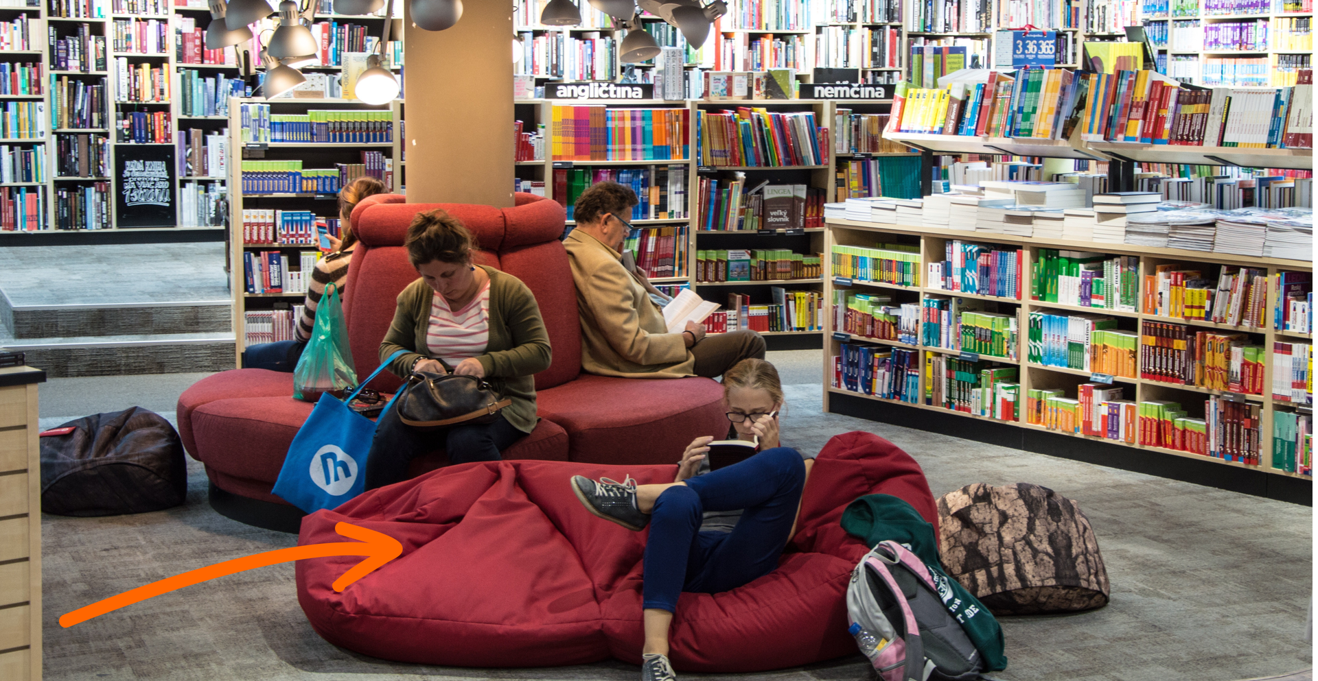 Zdjęcie przedstawia ludzi siedzących na pufach. Wokół znajduje się mnóstwo regałów z książkami.