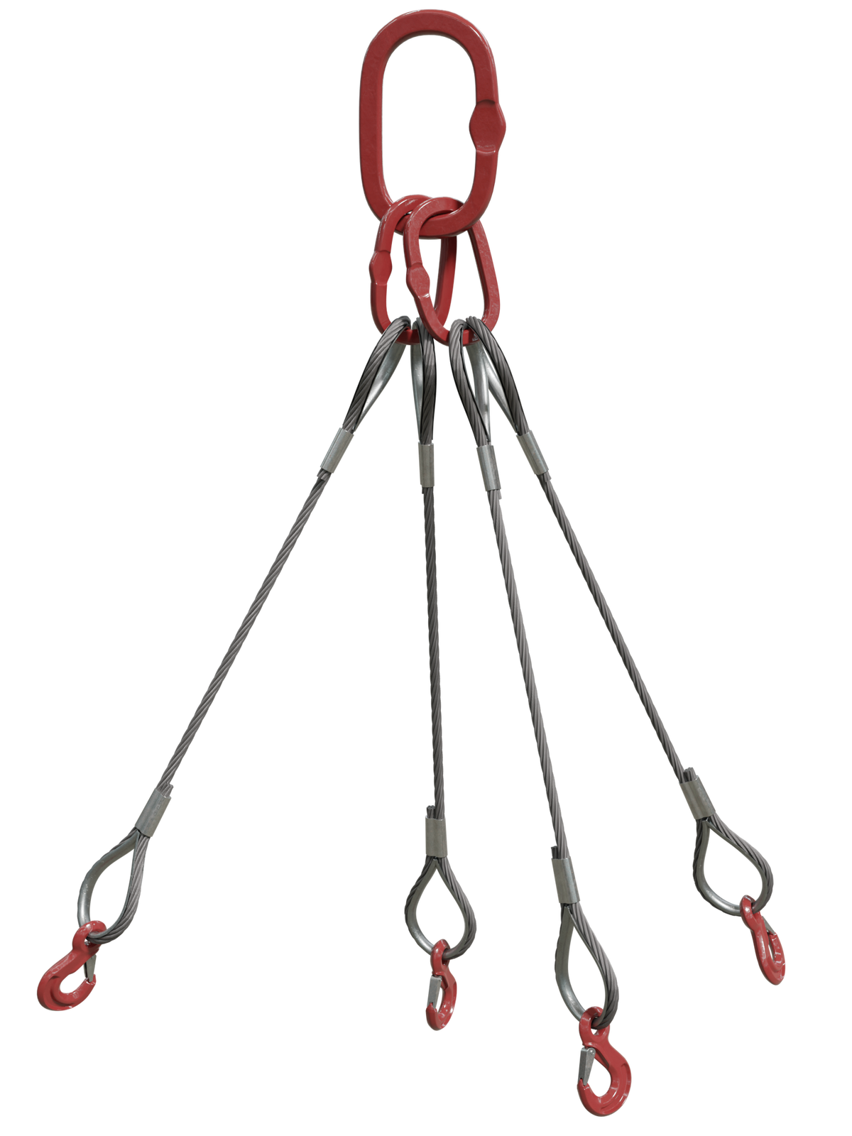 Na zdjęciu przedstawione jest zawiesie linowe czterocięgnowe zakończone hakami z zabezpieczeniem. Na zdjęciu widać cztery zawiesia linowe. Podstawą zawiesia jest stalowa lina. Splotki liny nachodzą na siebie tworząc strukturę zbliżoną do warkocza. Na dole i górze zdjęcia lina zakręca tworząc pętle. Końcówka liny po obu stronach jest spięta z główną części liny w okolicach początku pętli, stalową obejmą. Obejma jest zbliżona kształtem do cyfry osiem. Lina formująca, oczka w pętli przylega do kauszy czyli kształtki metalowej. Klausza zbliżona jest kształtem do łzy.W górnej części zdjęcia cztery zawiesia są zaczepione zbiorczo na dwóch czerwonych ogniwach. Pod dwa zawiesia na każdym ogniwie. Dwa małe ogniwa są zaczepione zbiorczo z dużym ogniwem. Wszystkie ogniowa są o kształcie eliptycznym.W dolnej części zdjęcia na trzech dolnych pętlach znajduje się czerwony hak. Hak wyposażony jest w zapadkę zamykającą ucho.