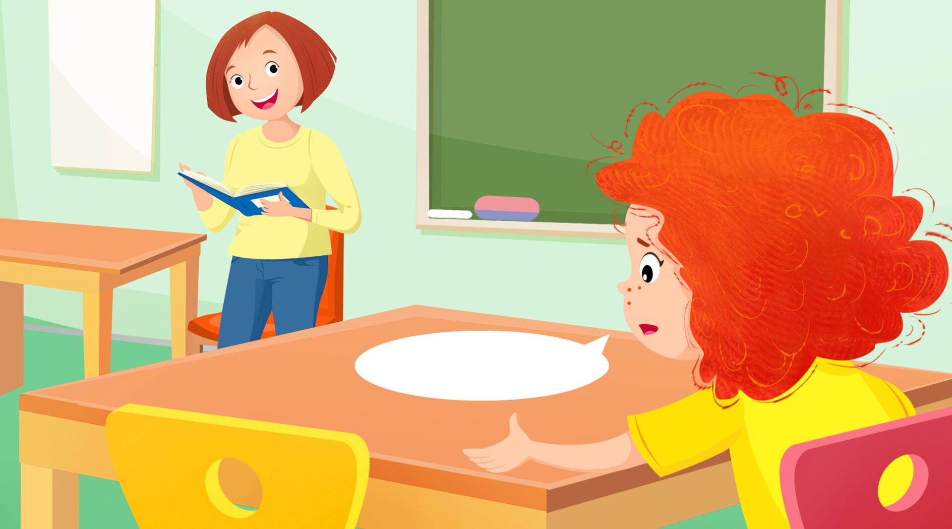 Na ilustracji znajduje się dziewczynka w klasie z nauczycielką 