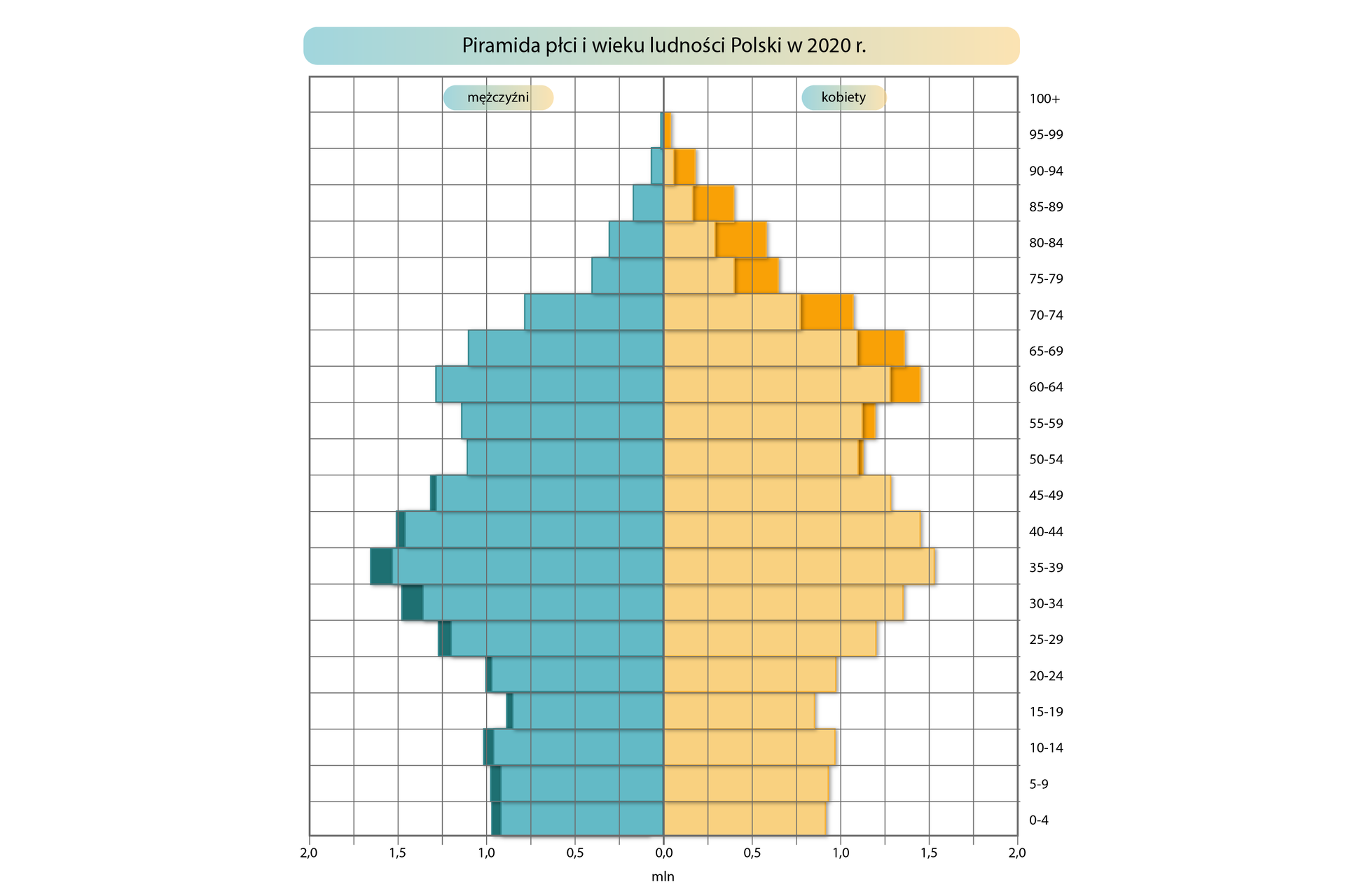 Piramida wieku i płci ludności Polski w 2020r.