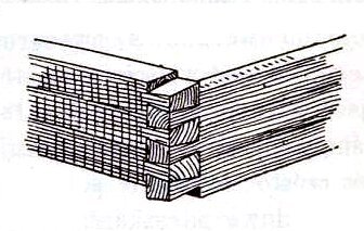 Grafika ukazuje zamek węgłowy bez ostatków. Łączone w narożu belki nie wystają poza powierzchnię ściany.
