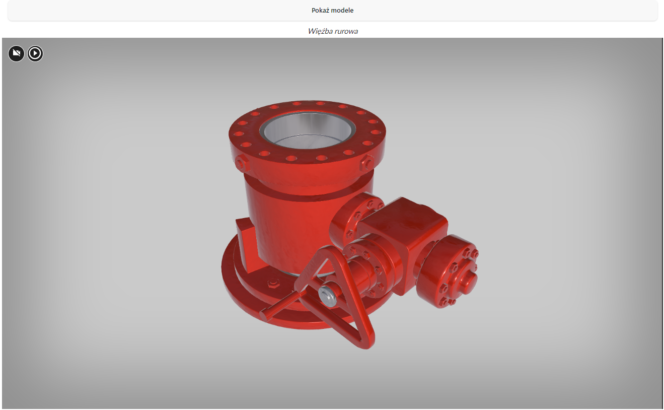 Zdjęcie przedstawia przykładowy wygląd modelu 3D z przyciskiem menu "Pokaż modele" i przyciskami znaczników.