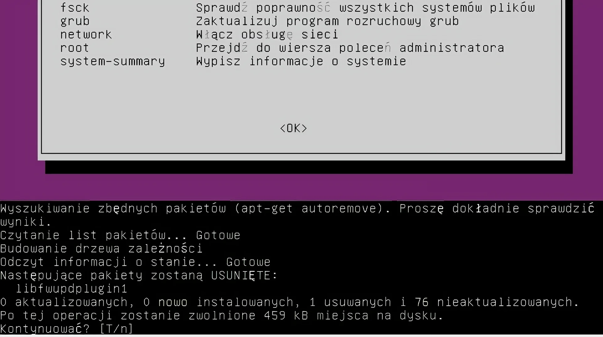 Ilustracja przedstawia fragment okna terminala w systemie Linux Ubuntu. Następuje wyszukiwanie zbędnych pakietów, które zostaną usunięte. Terminal oczekuje na wejście od użytkownika w celu zatwierdzenia operacji.