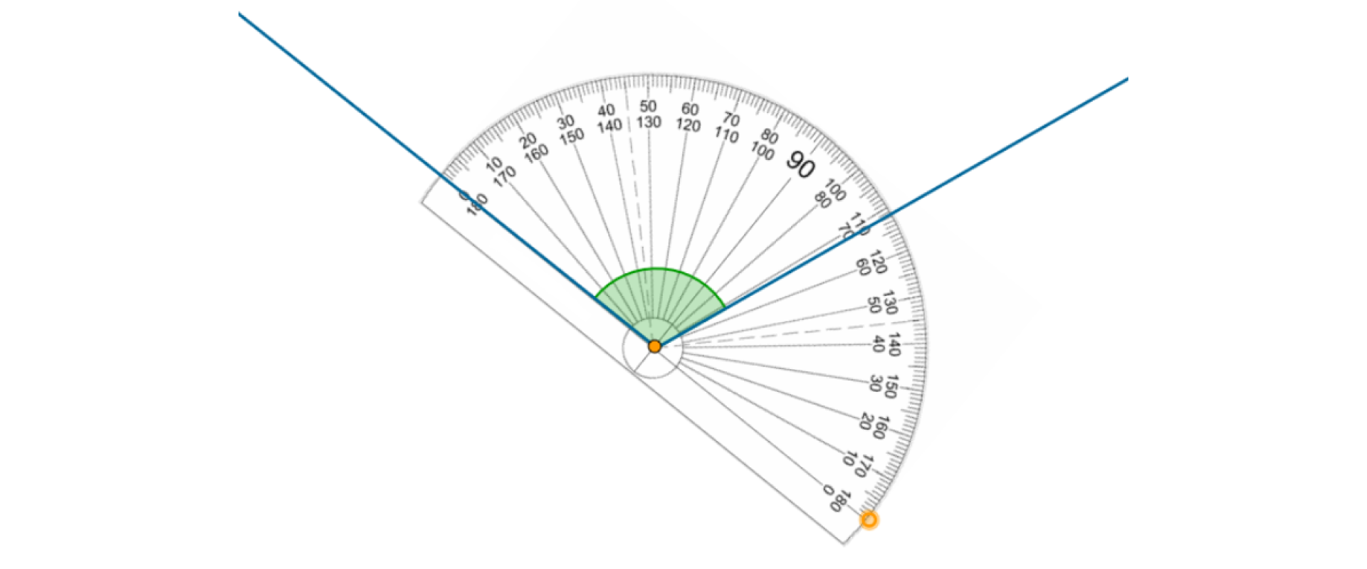Na rysunku przedstawiony jest kąt oraz kątomierz. Kątomierz przyłożony jest do wierzchołka kąta. Jedno ramię wskazuje 0, drugie ramię wskazuje 112 stopni.