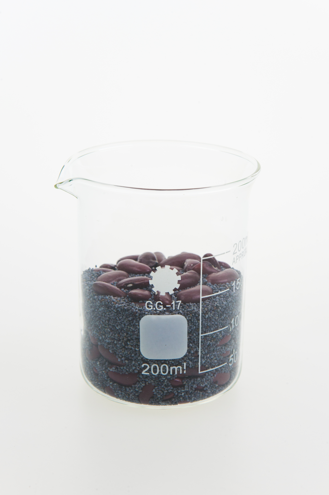 Zdjęcie przedstawia zlewkę po potrząśnięciu naczyniem. Mak znajduje się między ziarnami fasoli.