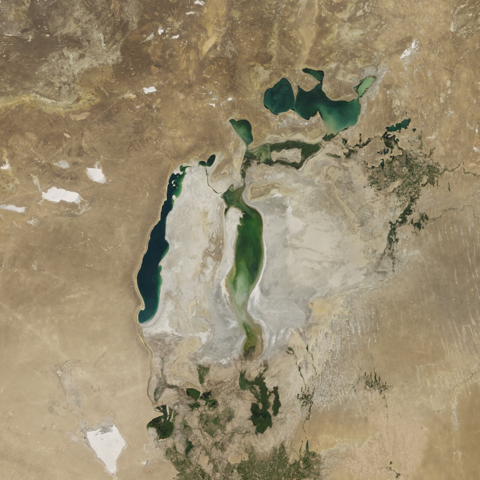 Zdjęcie przedstawia wodę wypełniającą jedynie wąski fragment po lewej stronie fotografii - woda ma kolor ciemnozielony oraz równolegle do niego, w niewielkiej odległości po prawej stronie. Woda znajduje się także w górnej części zdjęcia oraz w dolnej w niewielkiej ilości. Ma kolor zielony. Pozostała część obszaru jest biała, jasnobrązowa, bez śladów wody.    