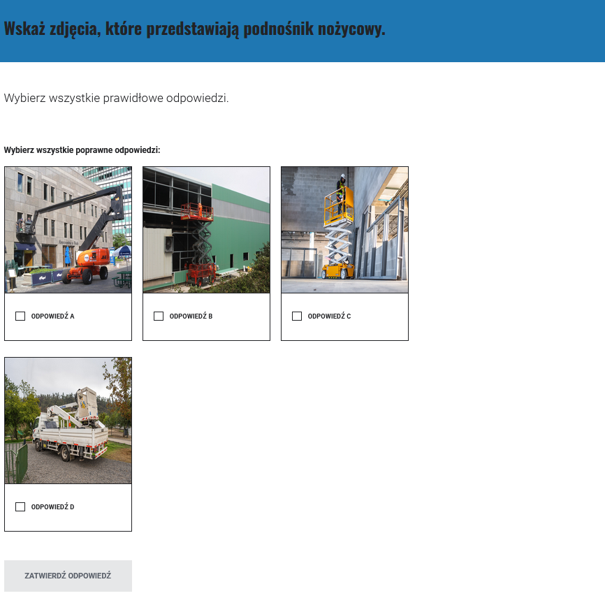 Grafika przedstawia widok gry. Widoczne jest polecenie, a poniżej cztery odpowiedzi w formie obrazków do wyboru. Poniżej znajduje się prostokąt na napisem: Zatwierdź odpowiedź.
