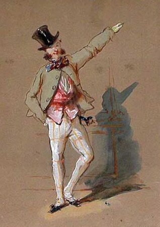 Rysunek przedstawia mężczyznę wskazującego lewą ręką w górę. Jest on uśmiechnięty. Ma na sobie zielonkawą marynarkę, czerwoną koszulę i białe spodnie. NA głowie ma czarny cylinder. Ma brązowe włosy i baki.