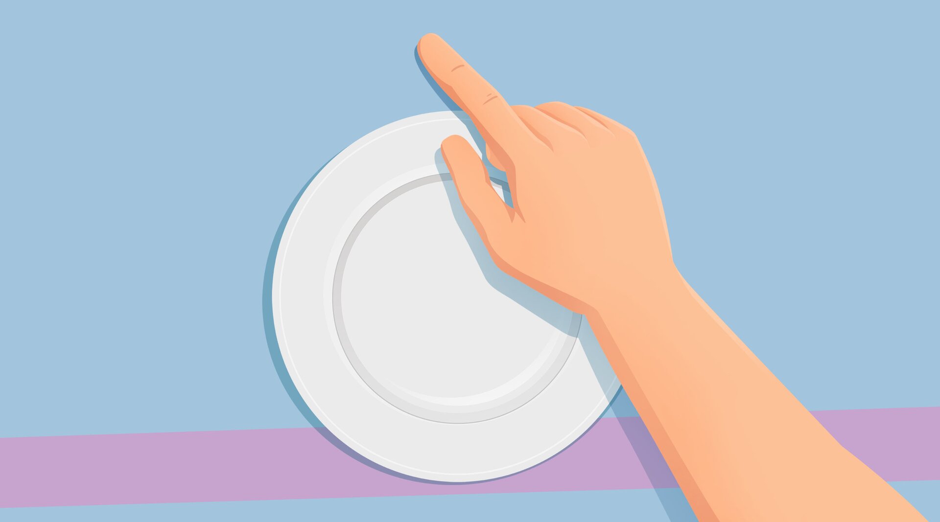 Na ilustracji znajduje się dłoń, która wskazuje palcem punkt nad talerzem.