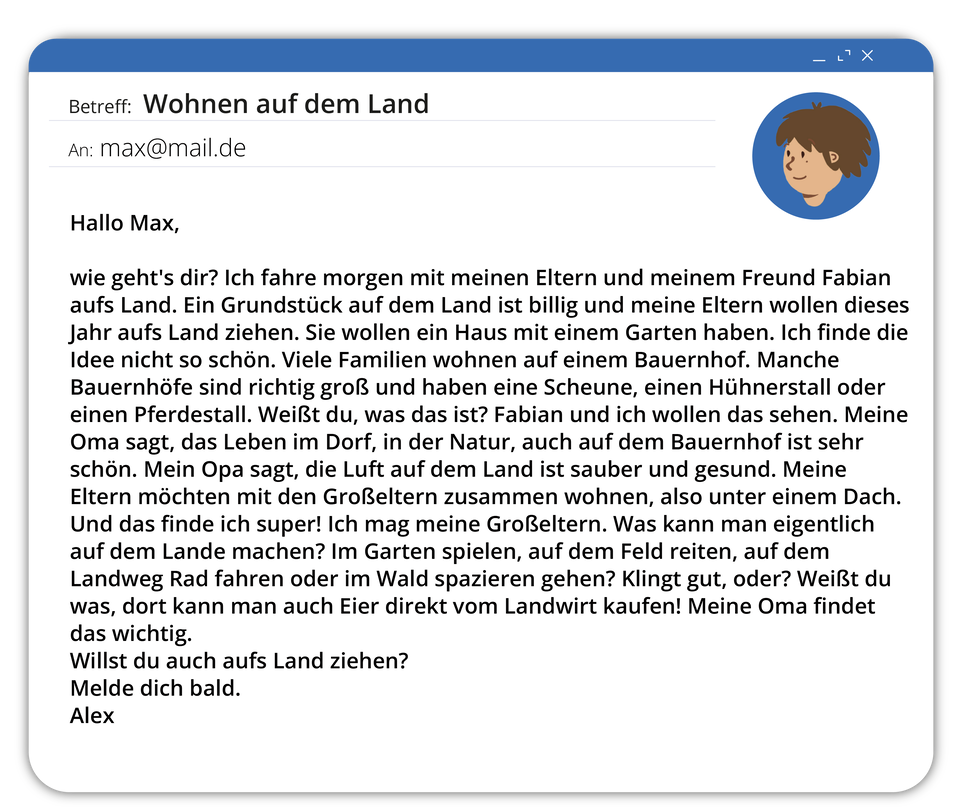 Ilustracja przedstawia interfejs poczty elektronicznej, gdzie widoczne jest okno z treścią wiadomości, pt. Wohnen auf dem Land. Tekst dostępny w transkrypcji poniżej.