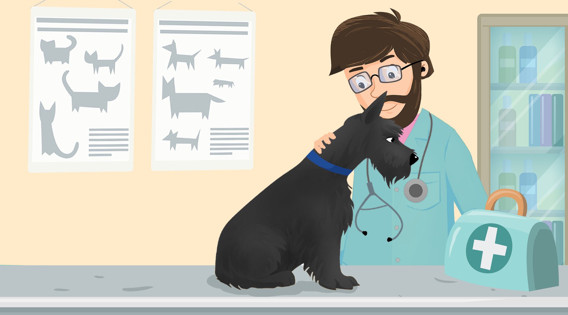 Ilustracja przedstawia weterynarza badającego psa.
